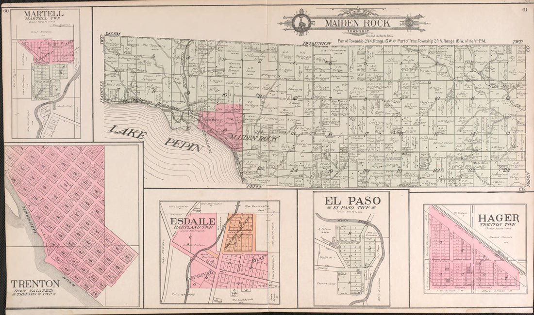 This old map of Maiden Rock, Hager, El Paso, Martell from Standard Atlas of Pierce County, Wisconsin from 1908 was created by  Geo. A. Ogle &amp; Co in 1908