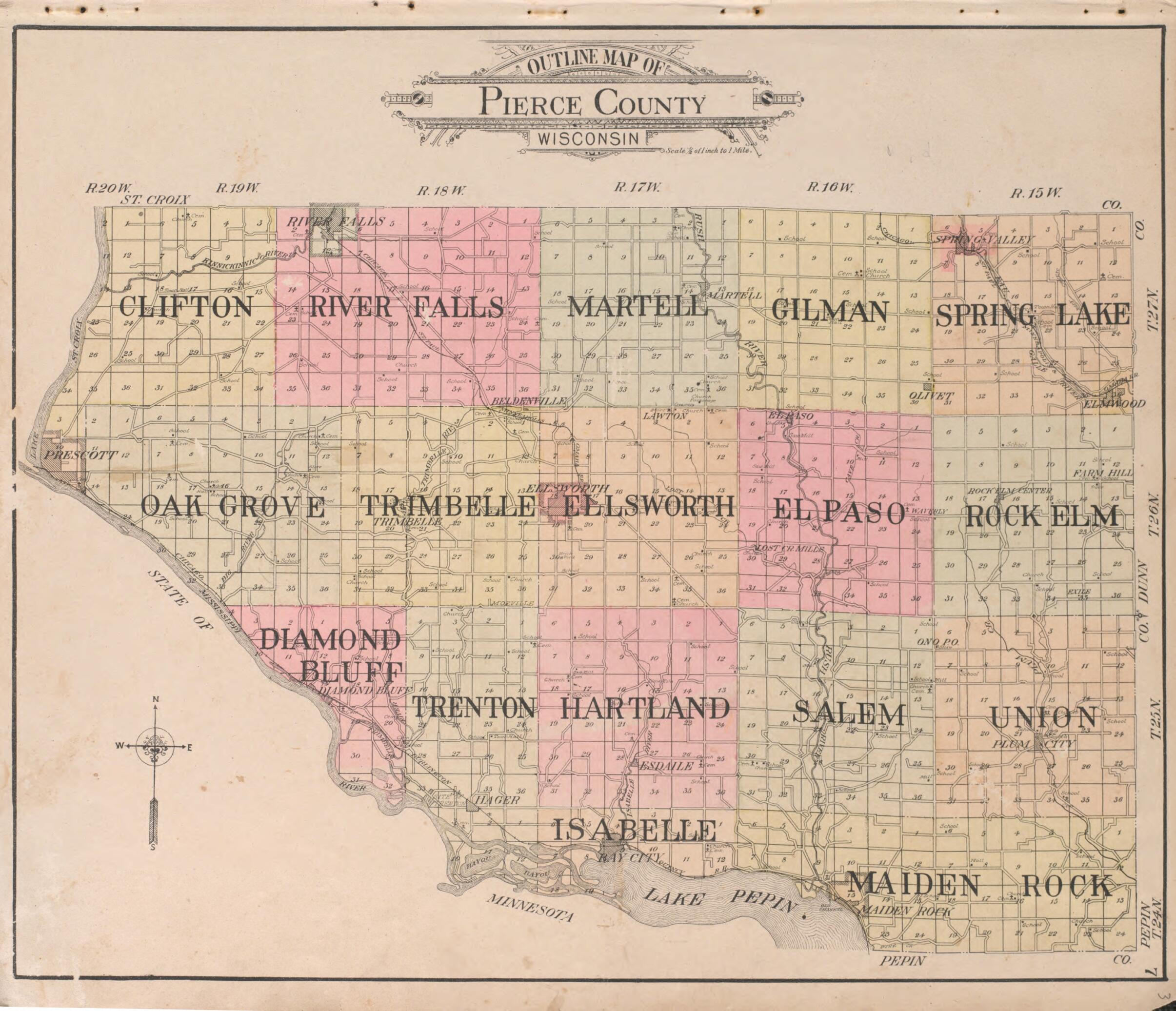 This old map of Outline Map of Pierce County from Standard Atlas of Pierce County, Wisconsin from 1908 was created by  Geo. A. Ogle &amp; Co in 1908