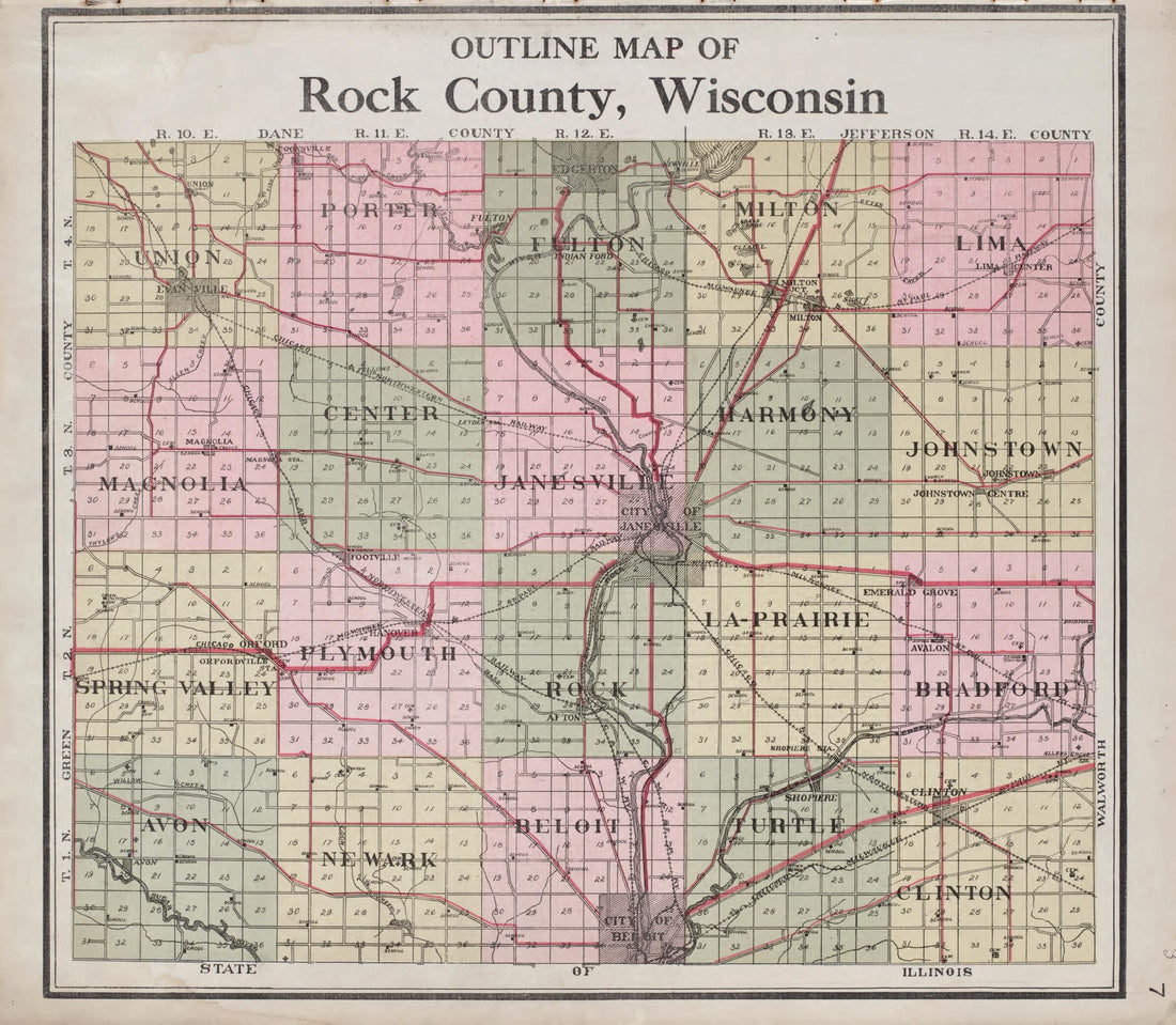 This old map of Outline Map of Rock County from Standard Atlas of Rock County, Wisconsin from 1917 was created by  Hennessey &amp; Co in 1917