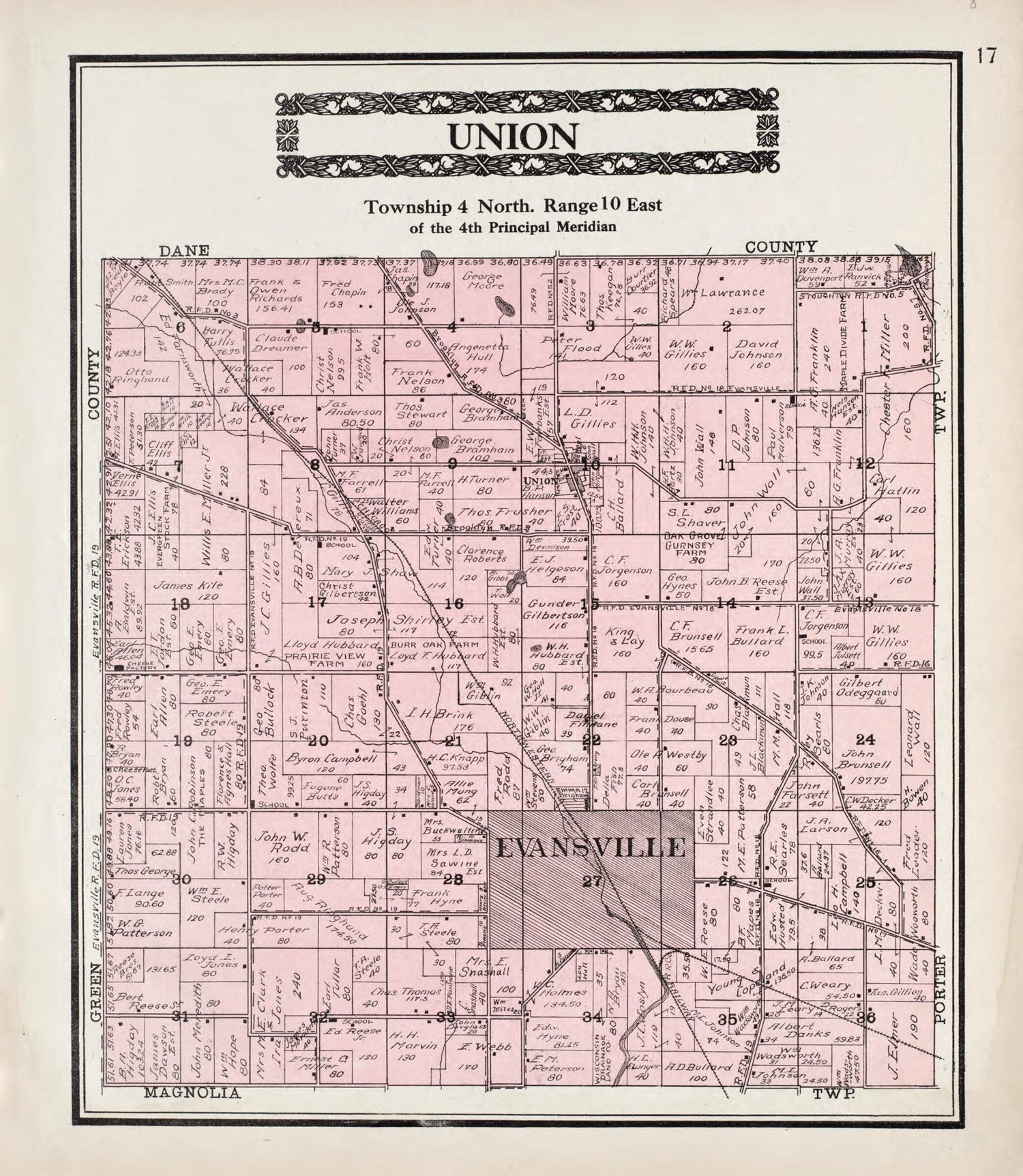 Union from Standard Atlas of Rock County, Wisconsin from 1917 Old Map ...