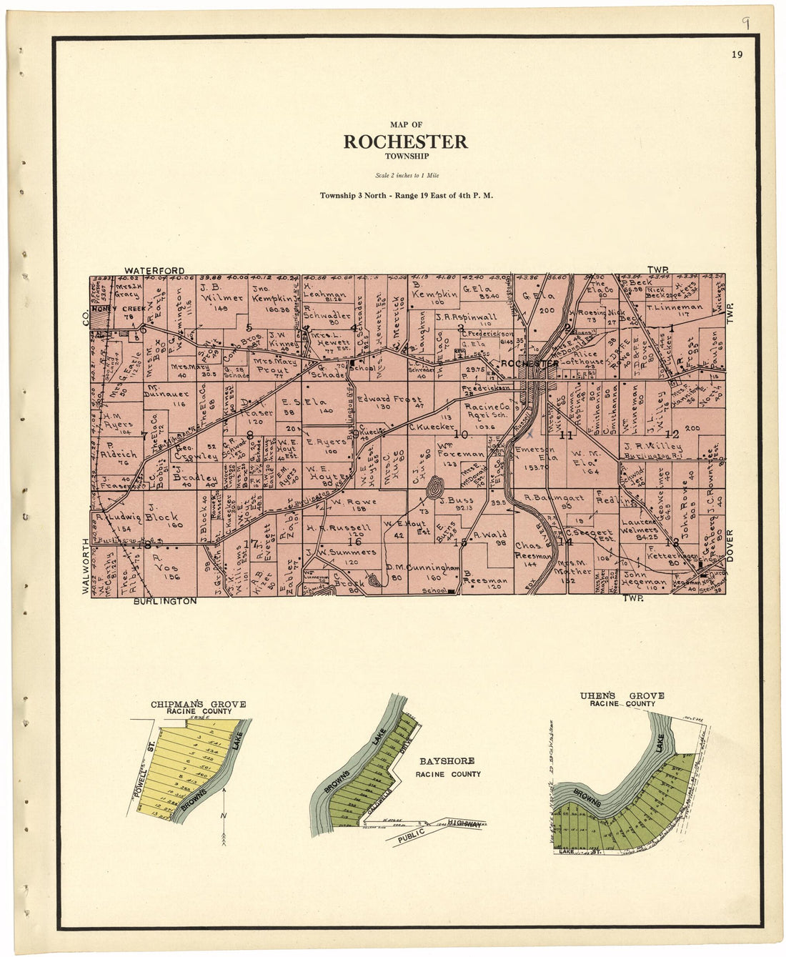 This old map of Map of Rochester Township from Plat Book of Racine and Kenosha Counties, Wisconsin from 1924 was created by  Western Printing and Lithographing Company in 1924