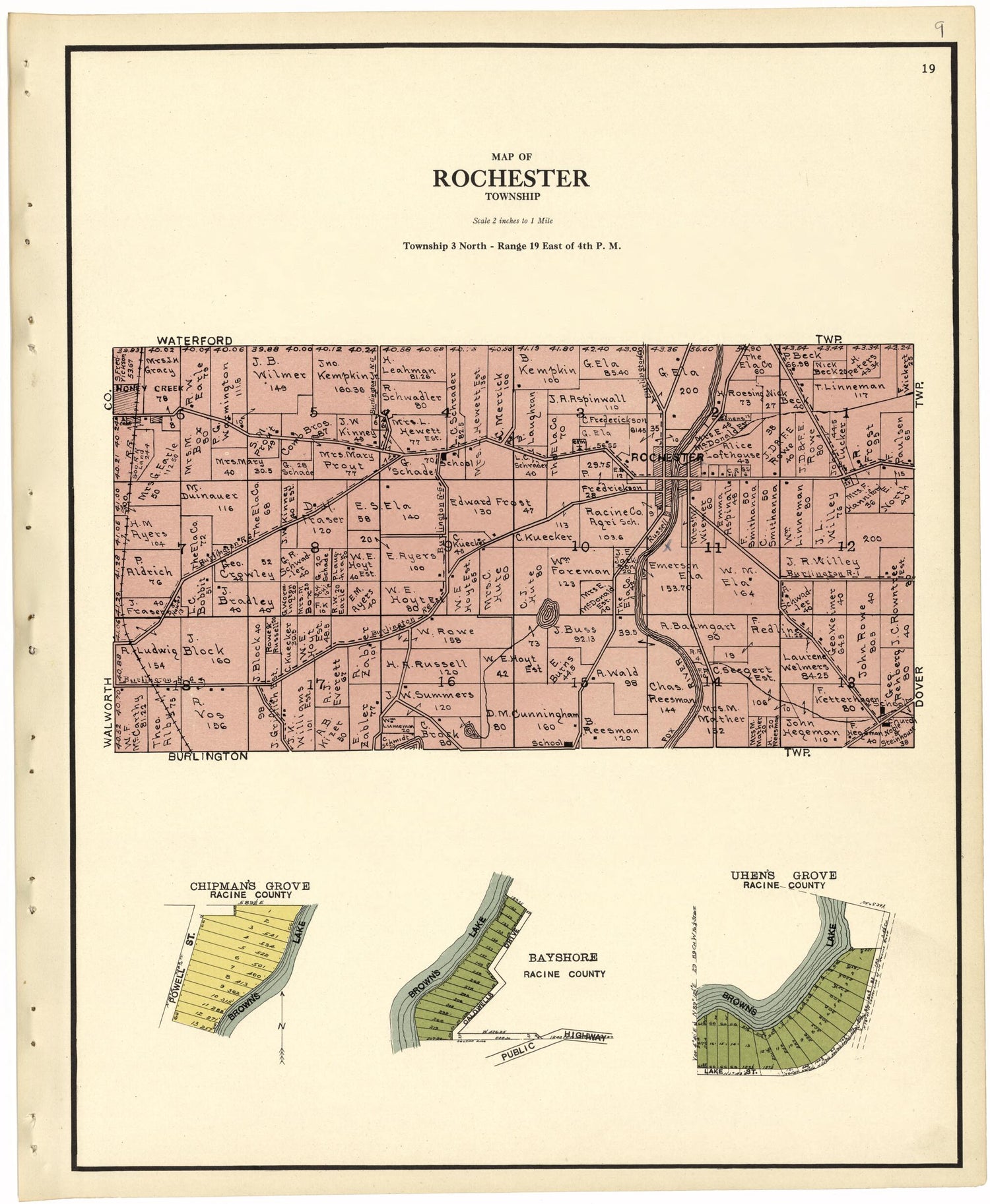 This old map of Map of Rochester Township from Plat Book of Racine and Kenosha Counties, Wisconsin from 1924 was created by  Western Printing and Lithographing Company in 1924