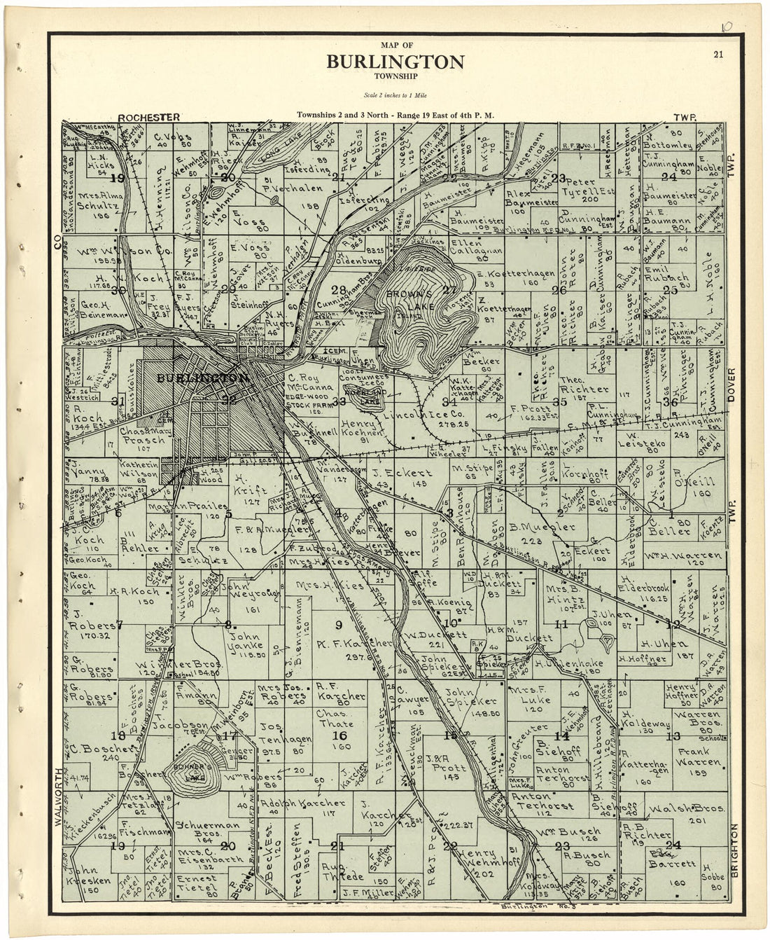 This old map of Map of Burlington Township from Plat Book of Racine and Kenosha Counties, Wisconsin from 1924 was created by  Western Printing and Lithographing Company in 1924