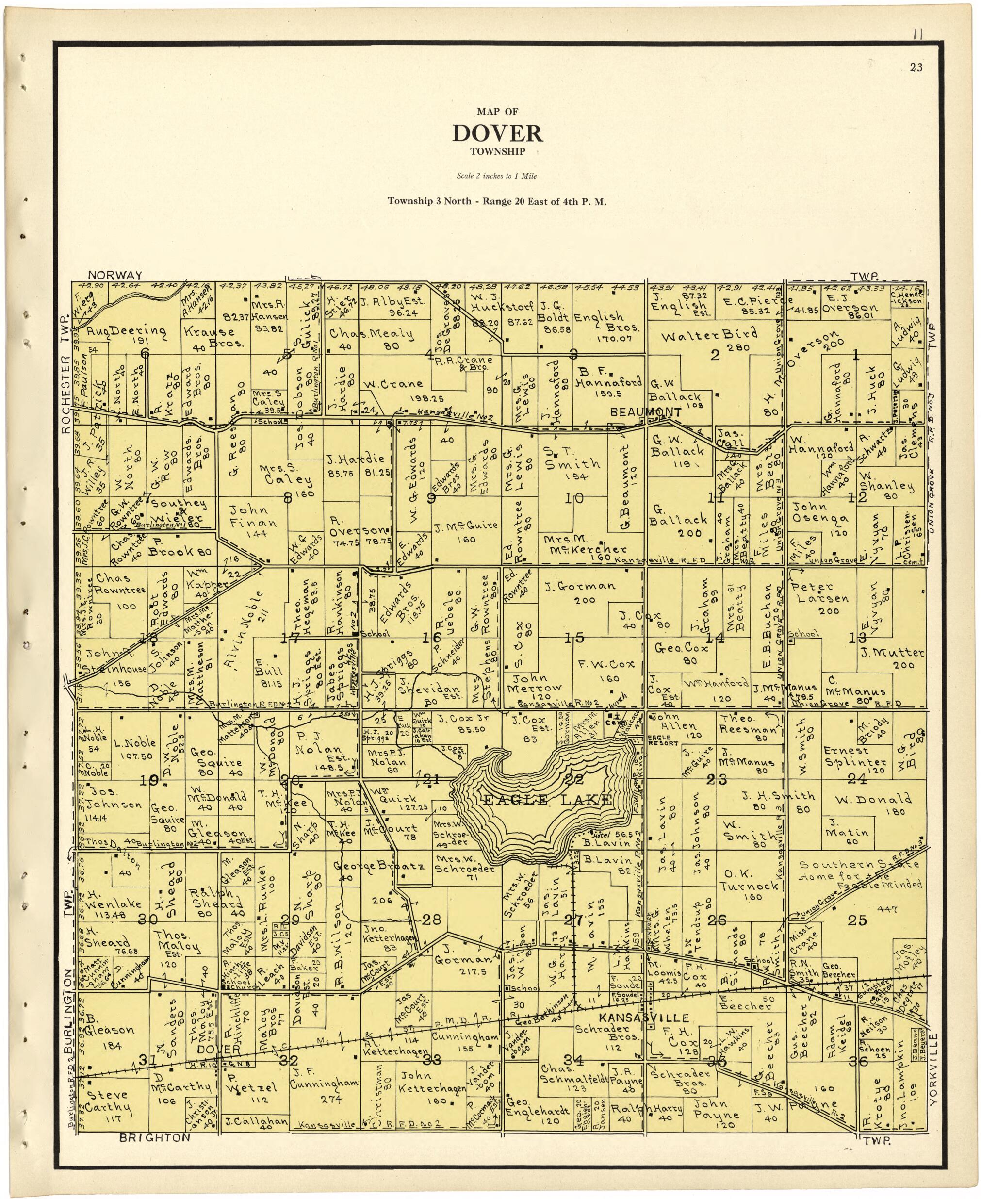 This old map of Map of Dover Township from Plat Book of Racine and Kenosha Counties, Wisconsin from 1924 was created by  Western Printing and Lithographing Company in 1924