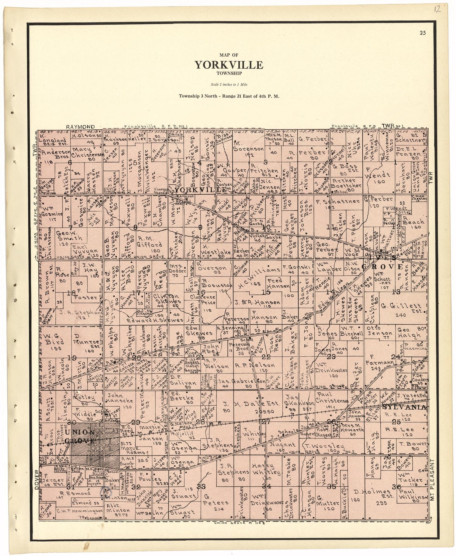 This old map of Map of Yorkville Township from Plat Book of Racine and Kenosha Counties, Wisconsin from 1924 was created by  Western Printing and Lithographing Company in 1924