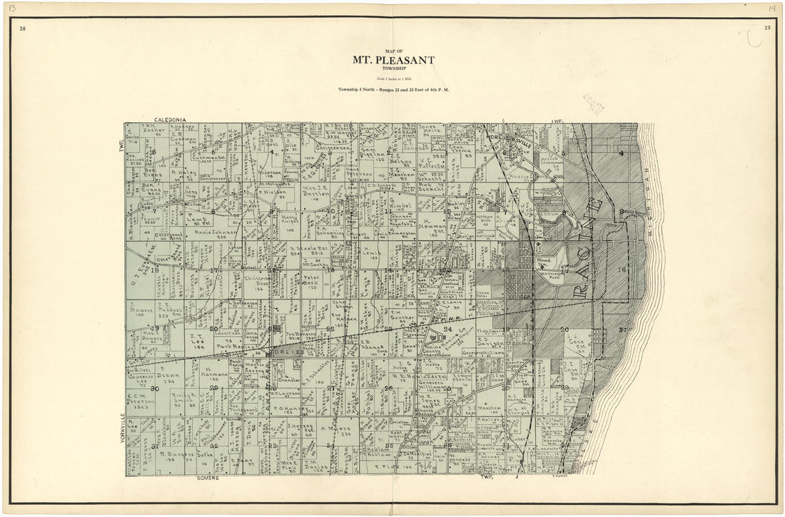 This old map of Map of Mt. Pleasant Township from Plat Book of Racine and Kenosha Counties, Wisconsin from 1924 was created by  Western Printing and Lithographing Company in 1924