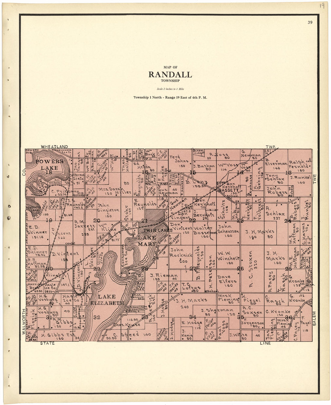 This old map of Map of Randall Township from Plat Book of Racine and Kenosha Counties, Wisconsin from 1924 was created by  Western Printing and Lithographing Company in 1924