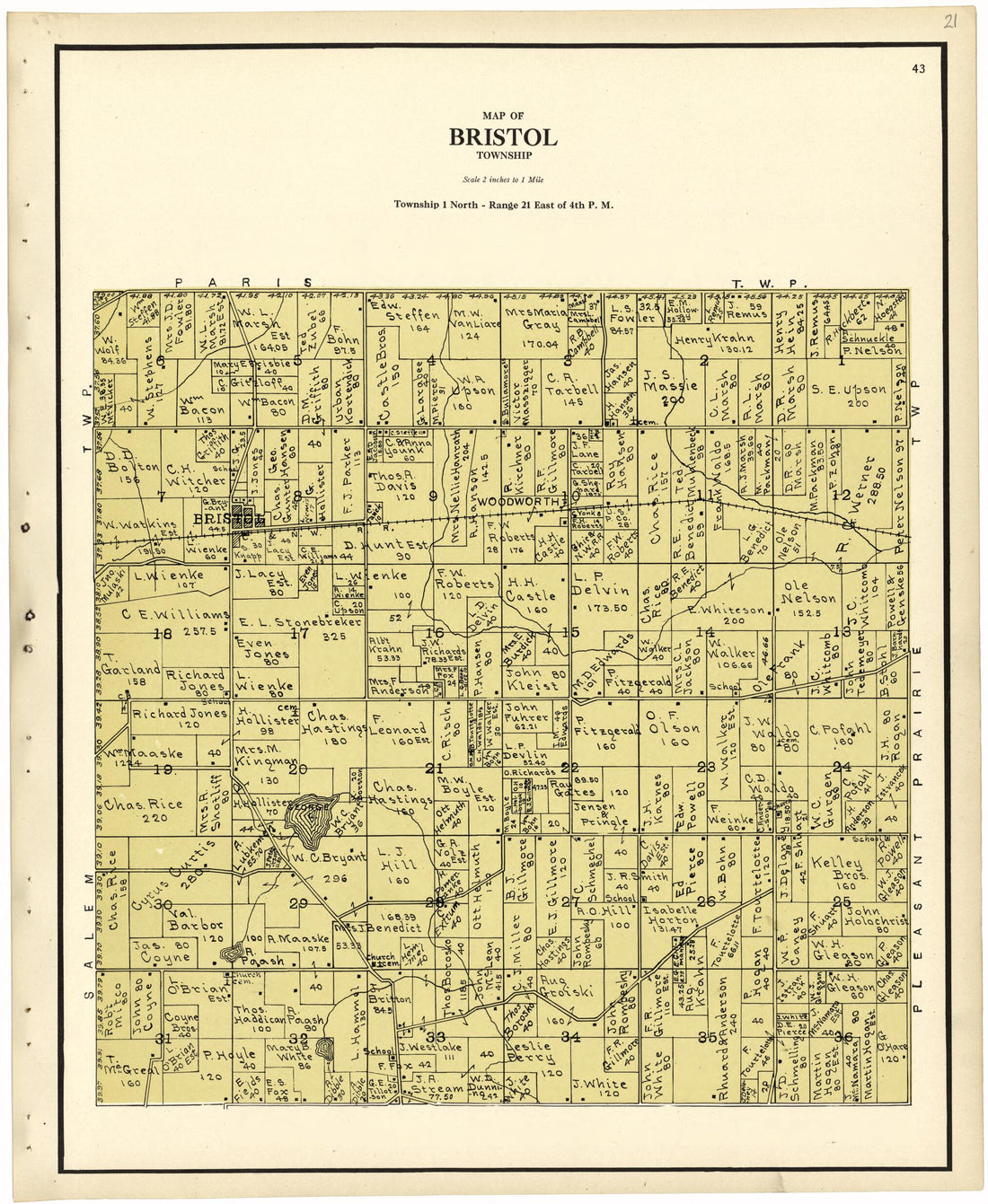 This old map of Map of Bristol Township from Plat Book of Racine and Kenosha Counties, Wisconsin from 1924 was created by  Western Printing and Lithographing Company in 1924