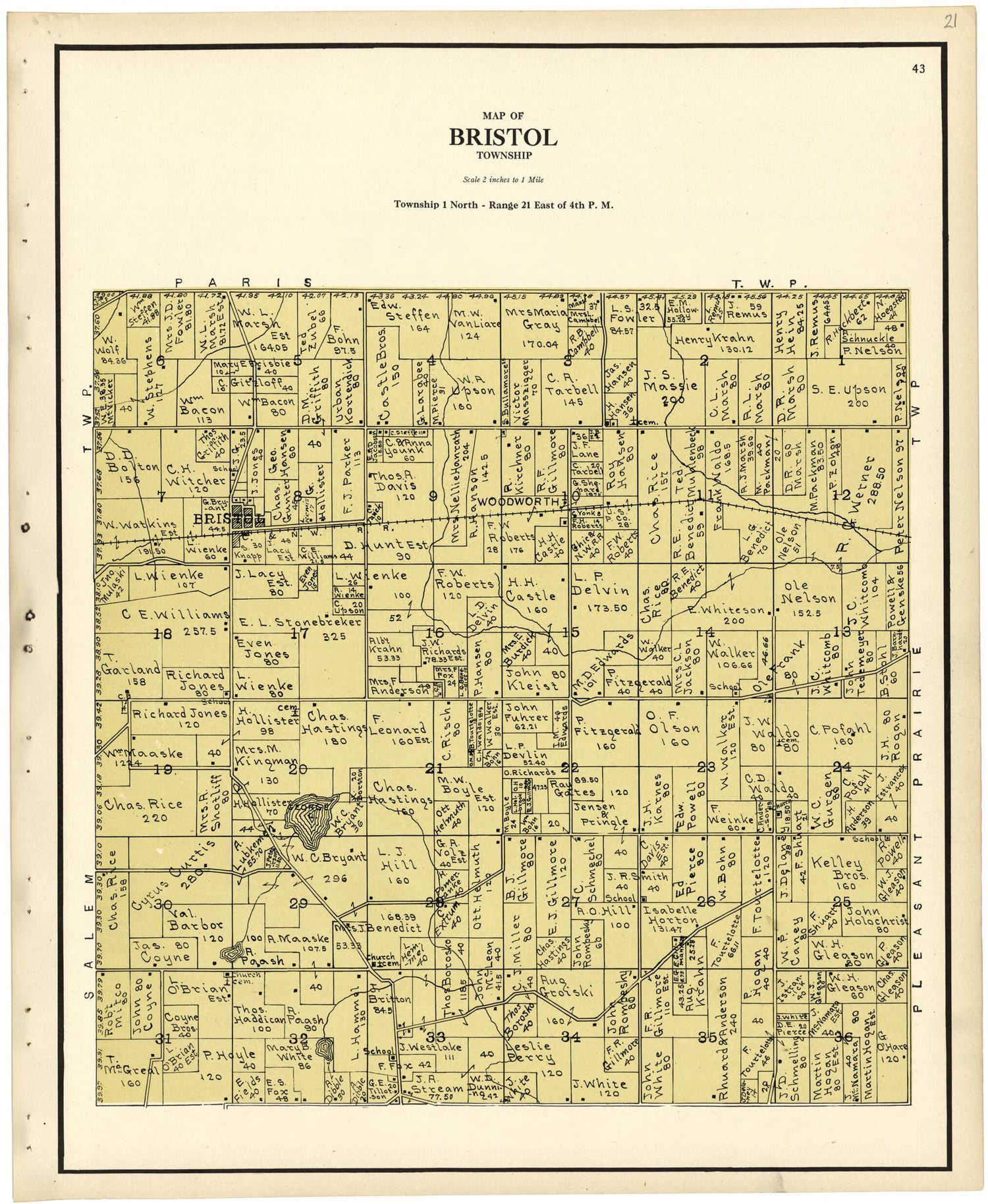 This old map of Map of Bristol Township from Plat Book of Racine and Kenosha Counties, Wisconsin from 1924 was created by  Western Printing and Lithographing Company in 1924