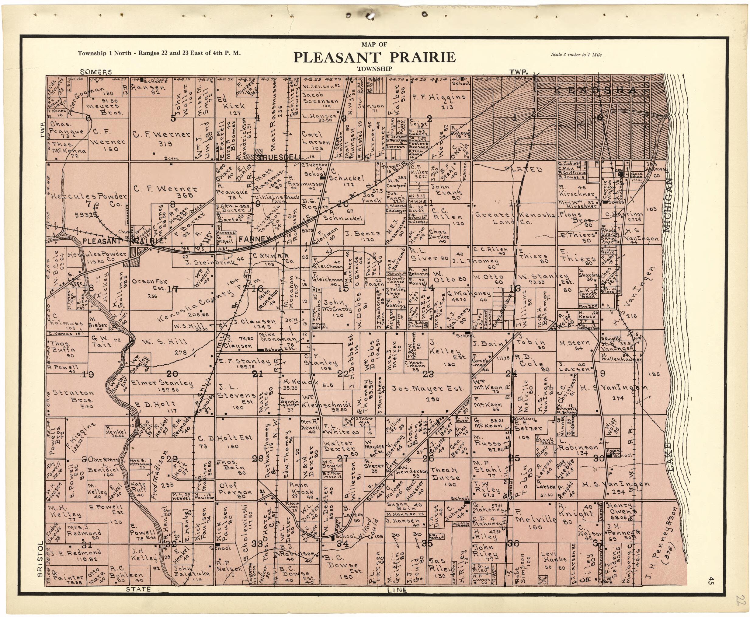 This old map of Map of Pleasant Prairie Township from Plat Book of Racine and Kenosha Counties, Wisconsin from 1924 was created by  Western Printing and Lithographing Company in 1924