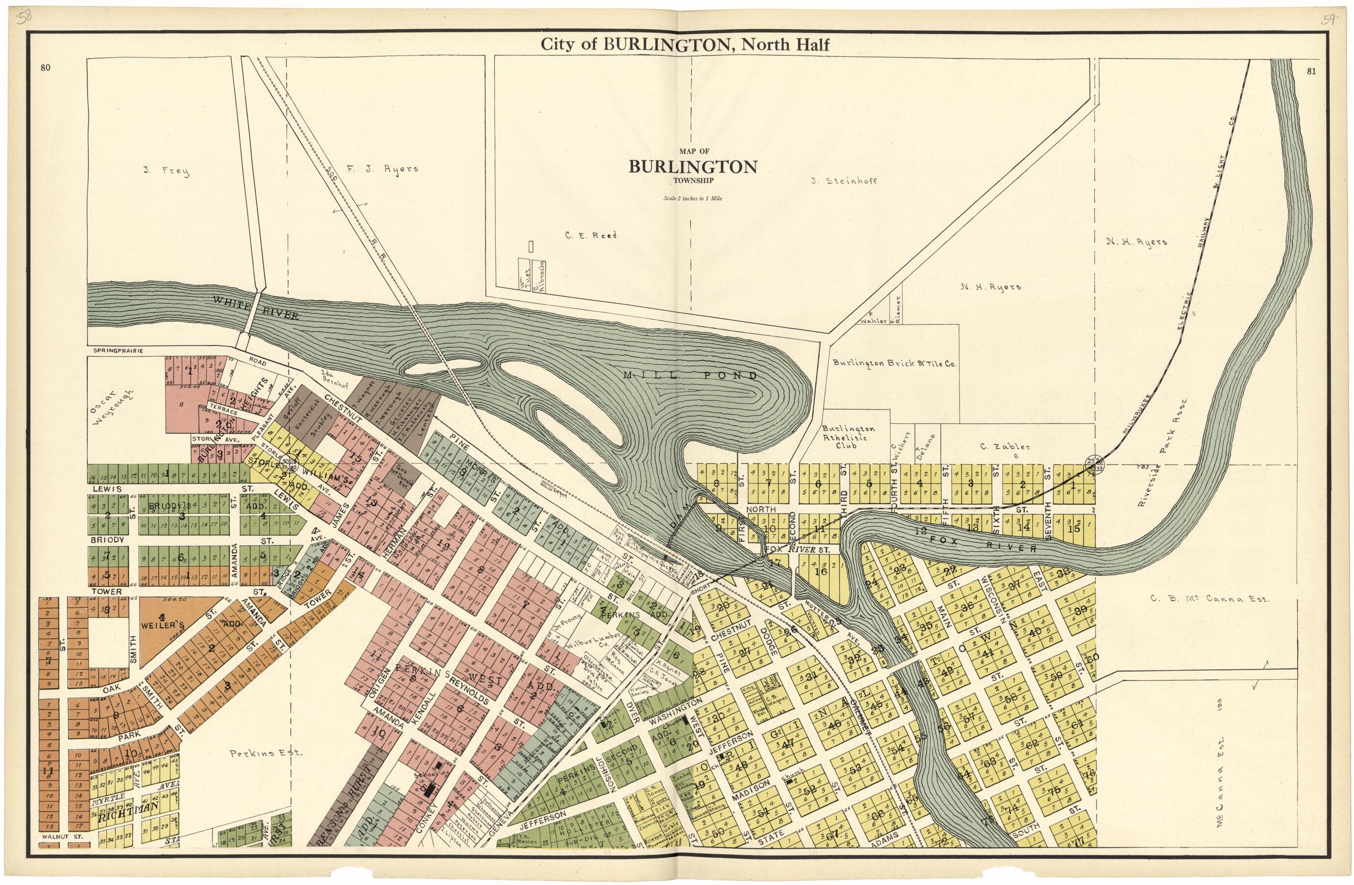 This old map of City of Burlington, North Half from Plat Book of Racine and Kenosha Counties, Wisconsin from 1924 was created by  Western Printing and Lithographing Company in 1924