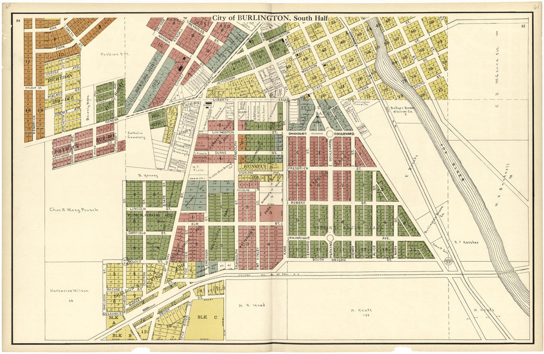 This old map of City of Burlington, South Half from Plat Book of Racine and Kenosha Counties, Wisconsin from 1924 was created by  Western Printing and Lithographing Company in 1924