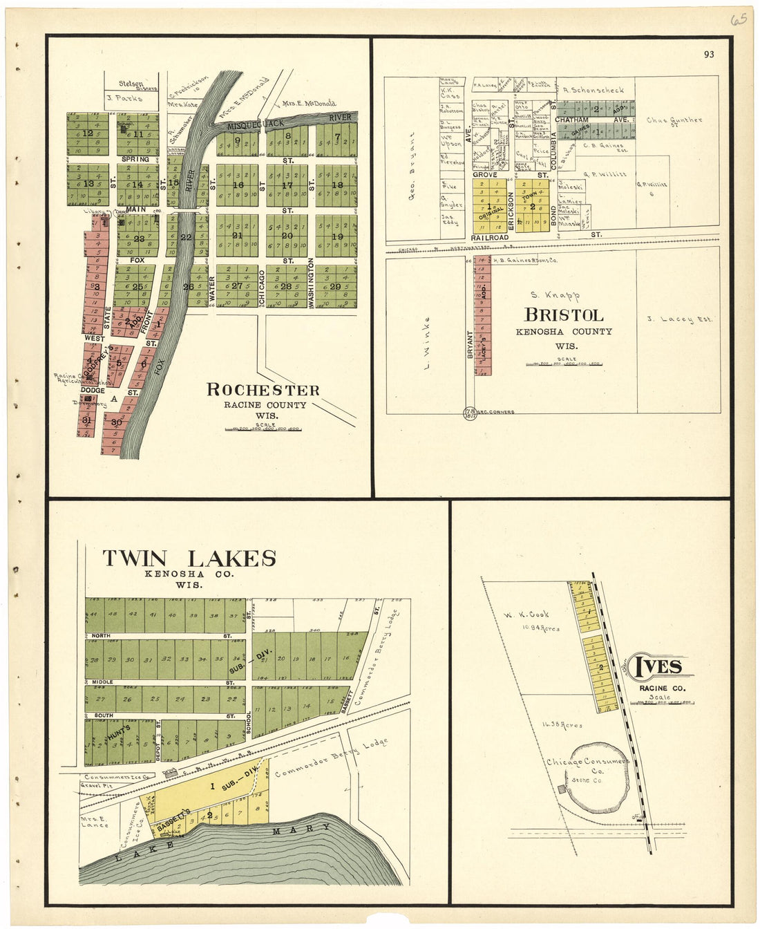 This old map of Rochester; Bristol; Twin Lakes; Ives from Plat Book of Racine and Kenosha Counties, Wisconsin from 1924 was created by  Western Printing and Lithographing Company in 1924