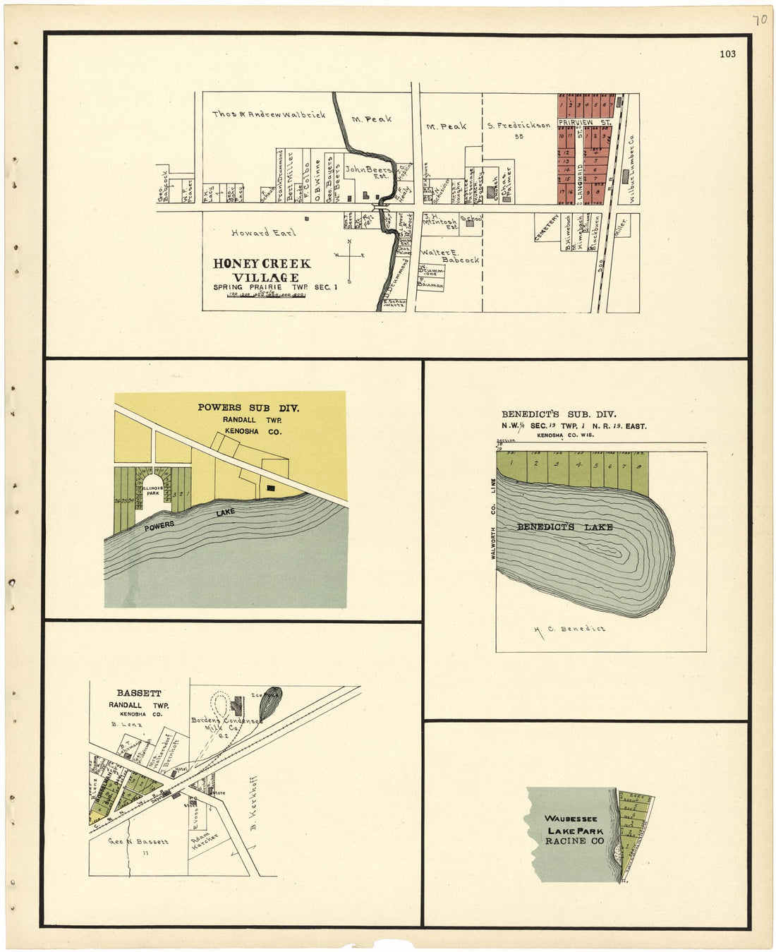 This old map of Honey Creek Village from Plat Book of Racine and Kenosha Counties, Wisconsin from 1924 was created by  Western Printing and Lithographing Company in 1924