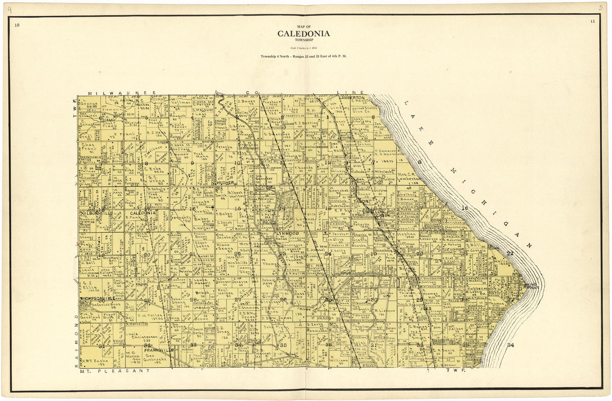 Map of Caledonia Township from Plat Book of Racine and Kenosha Counties, Wisconsin 1924 by Relic Map Company