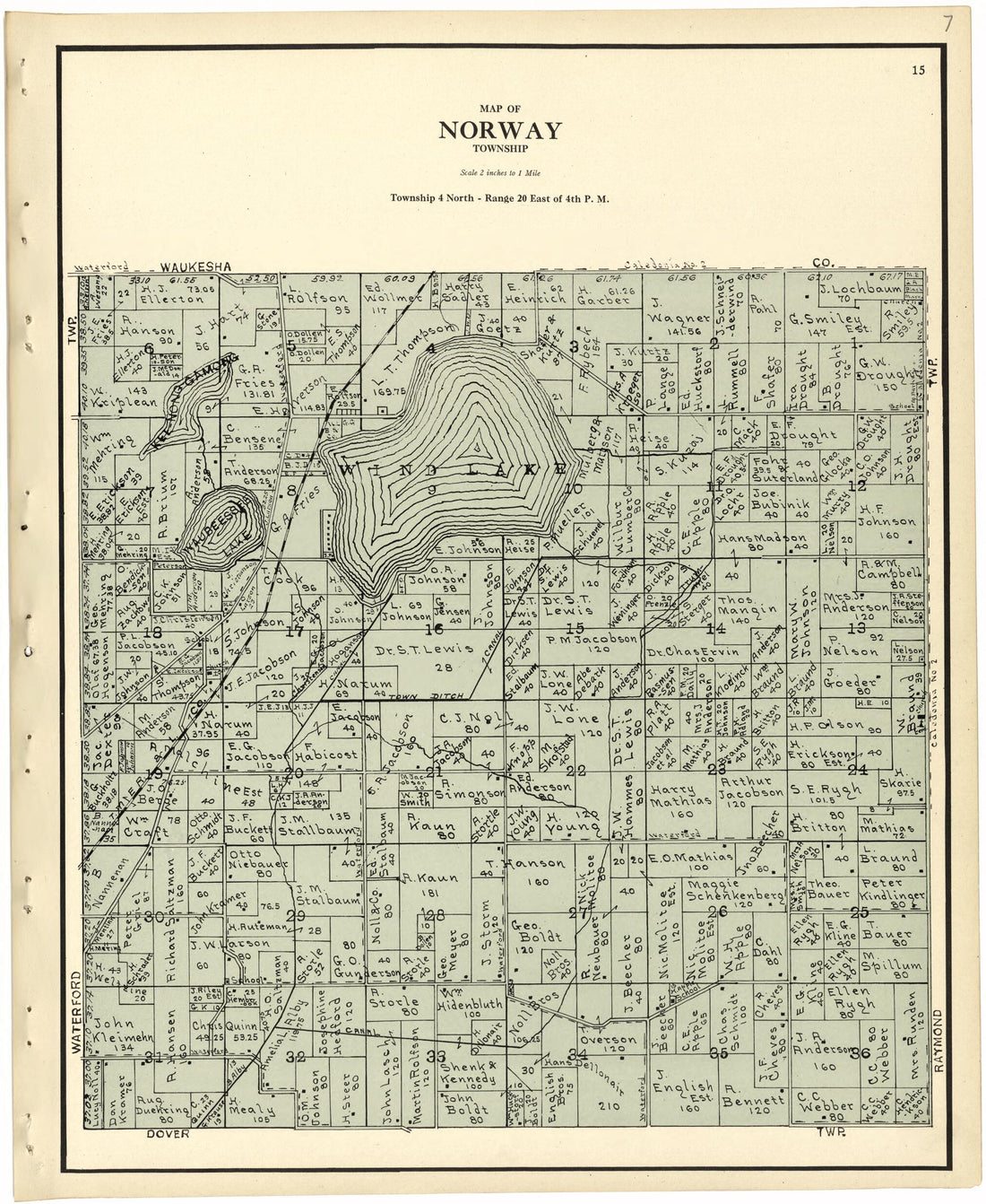 This old map of Map of Norway Township from Plat Book of Racine and Kenosha Counties, Wisconsin from 1924 was created by  Western Printing and Lithographing Company in 1924