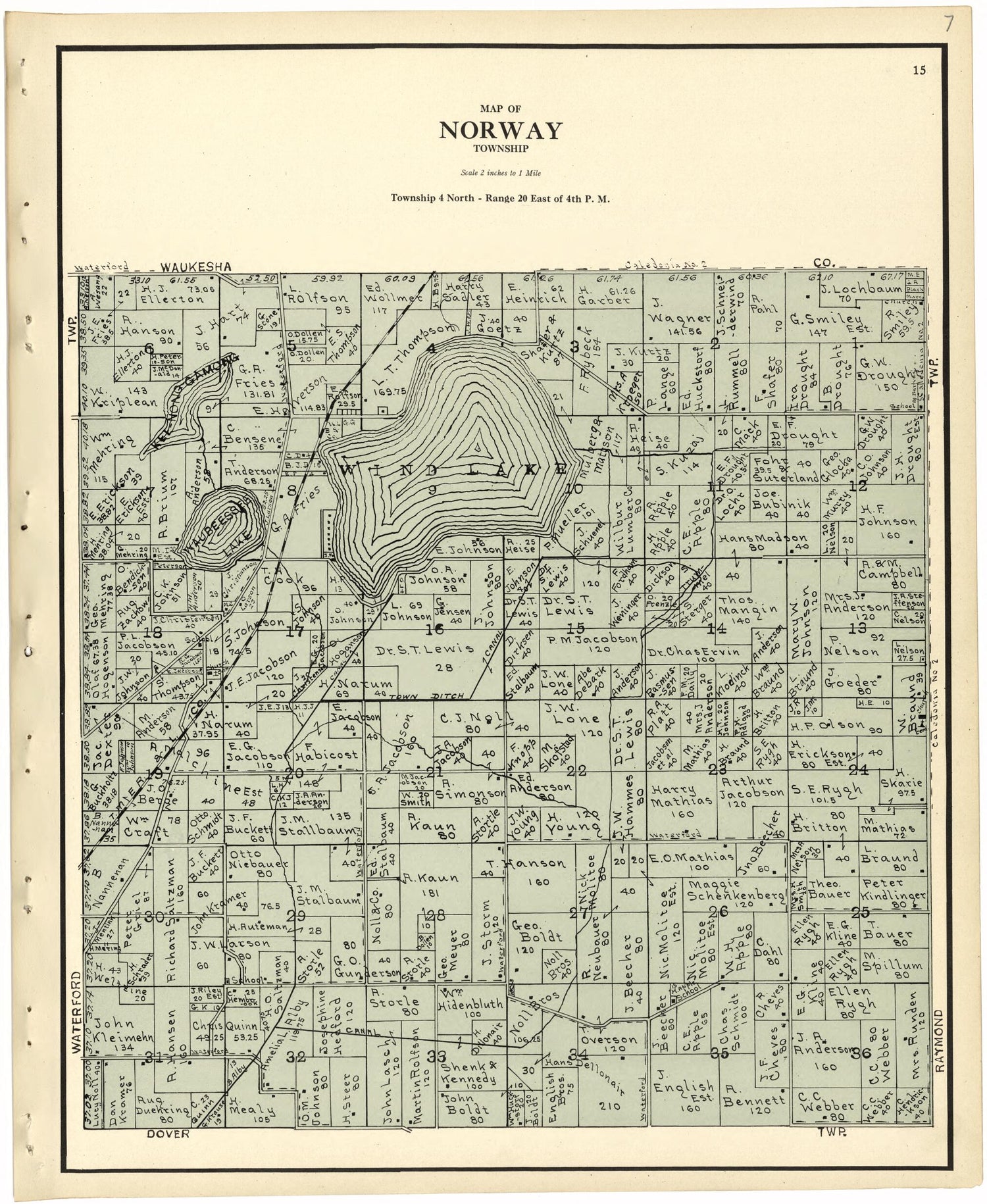 This old map of Map of Norway Township from Plat Book of Racine and Kenosha Counties, Wisconsin from 1924 was created by  Western Printing and Lithographing Company in 1924