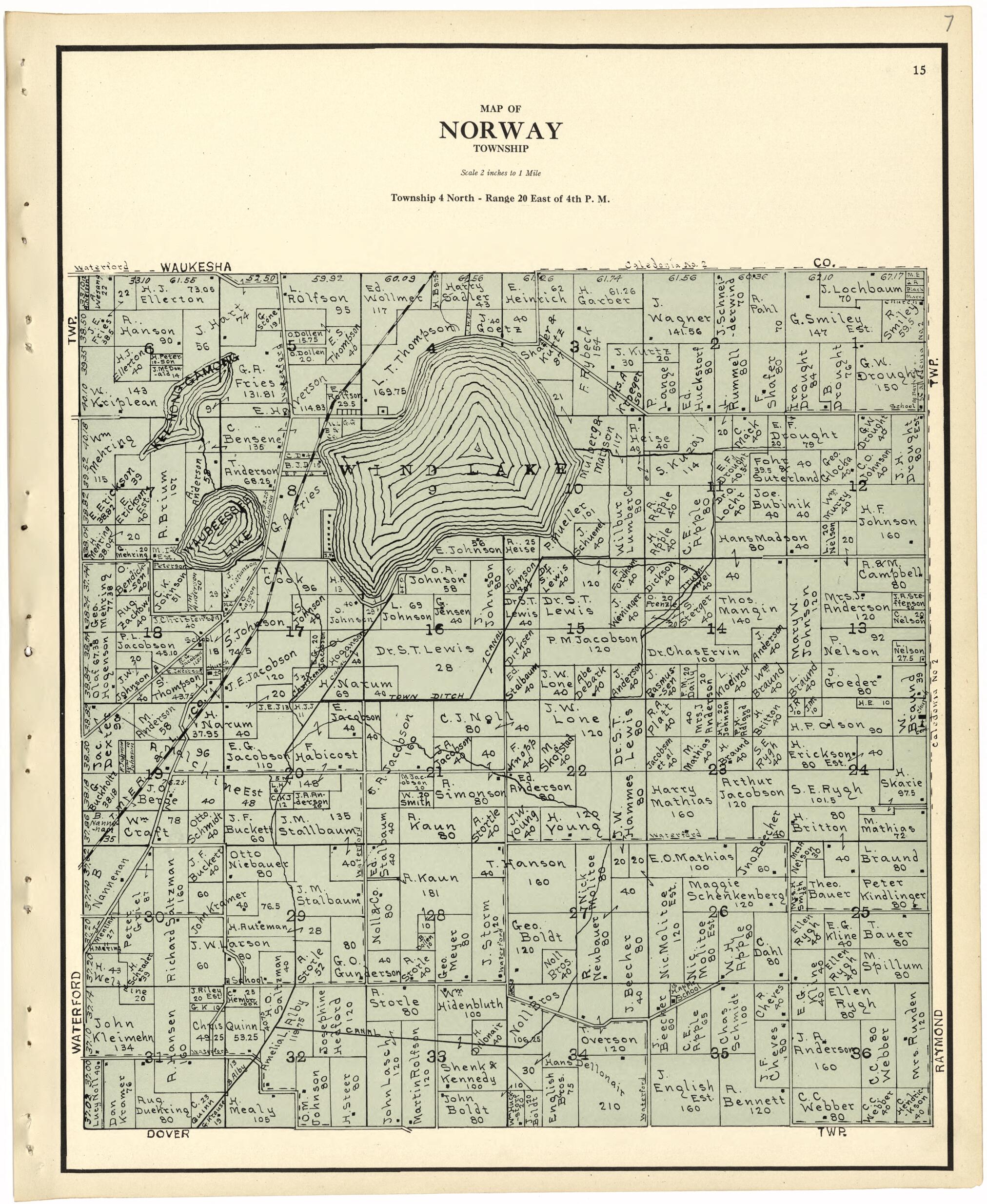 This old map of Map of Norway Township from Plat Book of Racine and Kenosha Counties, Wisconsin from 1924 was created by  Western Printing and Lithographing Company in 1924