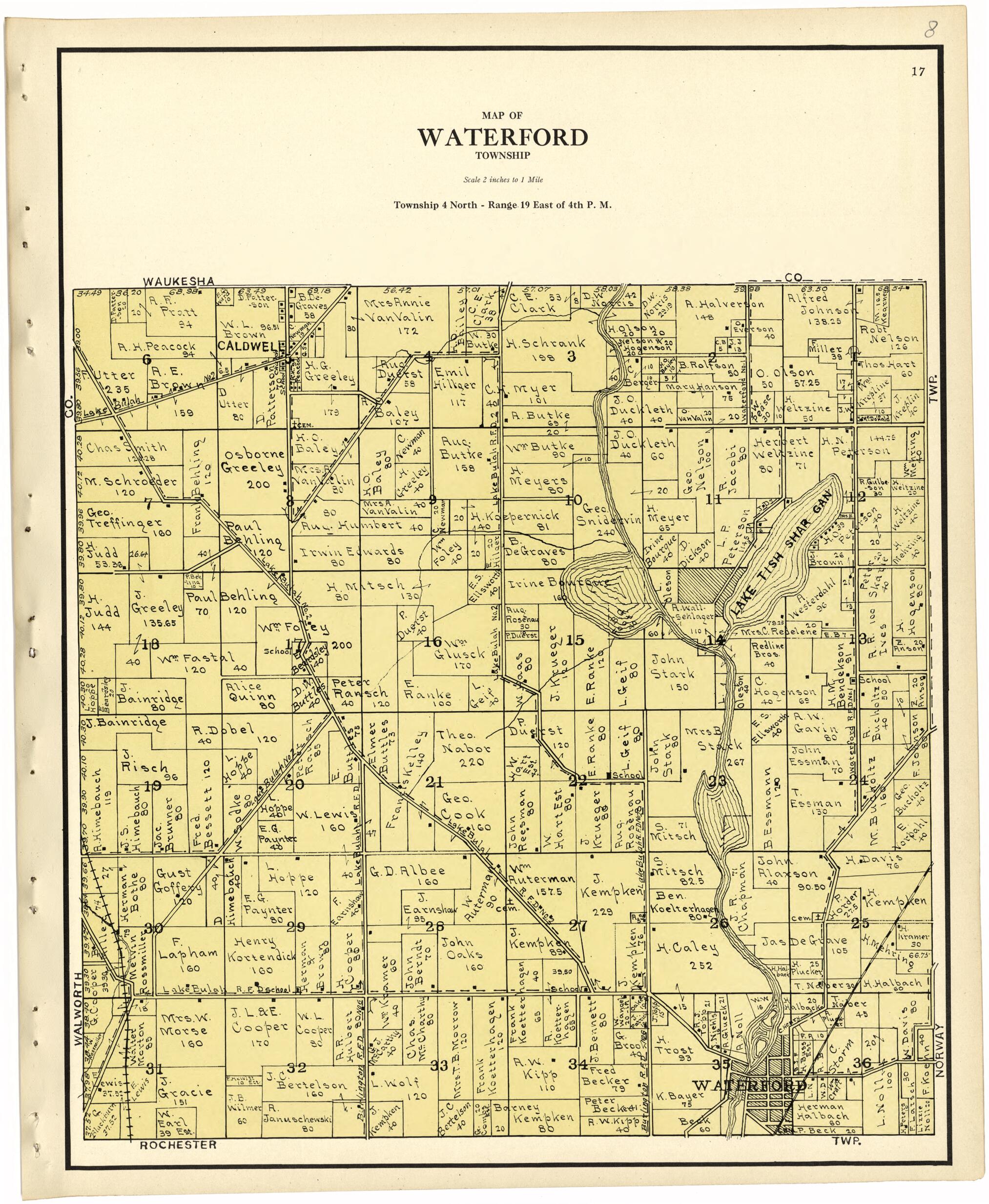This old map of Map of Waterford Township from Plat Book of Racine and Kenosha Counties, Wisconsin from 1924 was created by  Western Printing and Lithographing Company in 1924