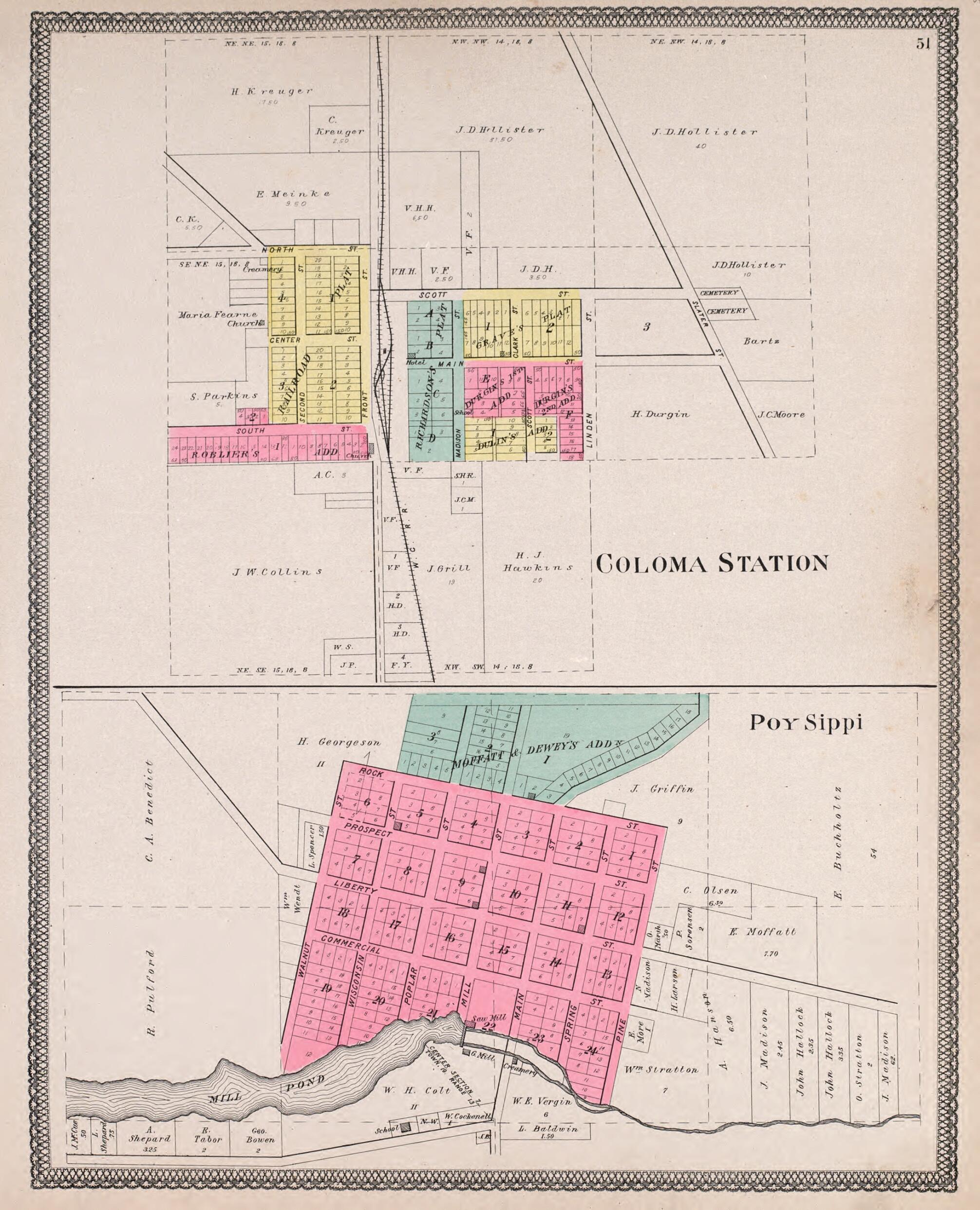 This old map of Coloma Station &amp; Poy Sippi from Atlas of Waushara County, Wisconsin from 1906 was created by W. (William) Wangersheim in 1906