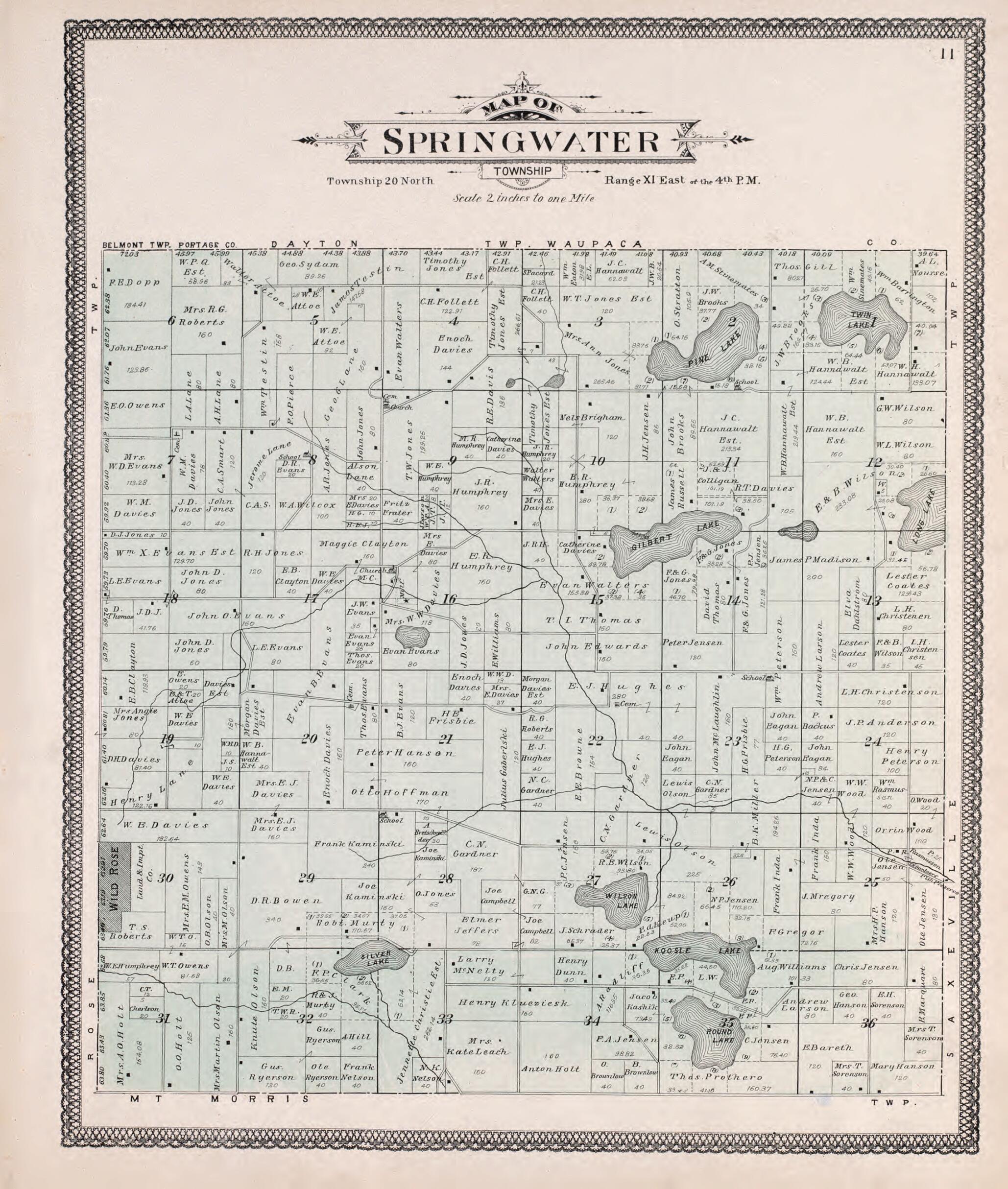 This old map of Springwater from Atlas of Waushara County, Wisconsin from 1906 was created by W. (William) Wangersheim in 1906