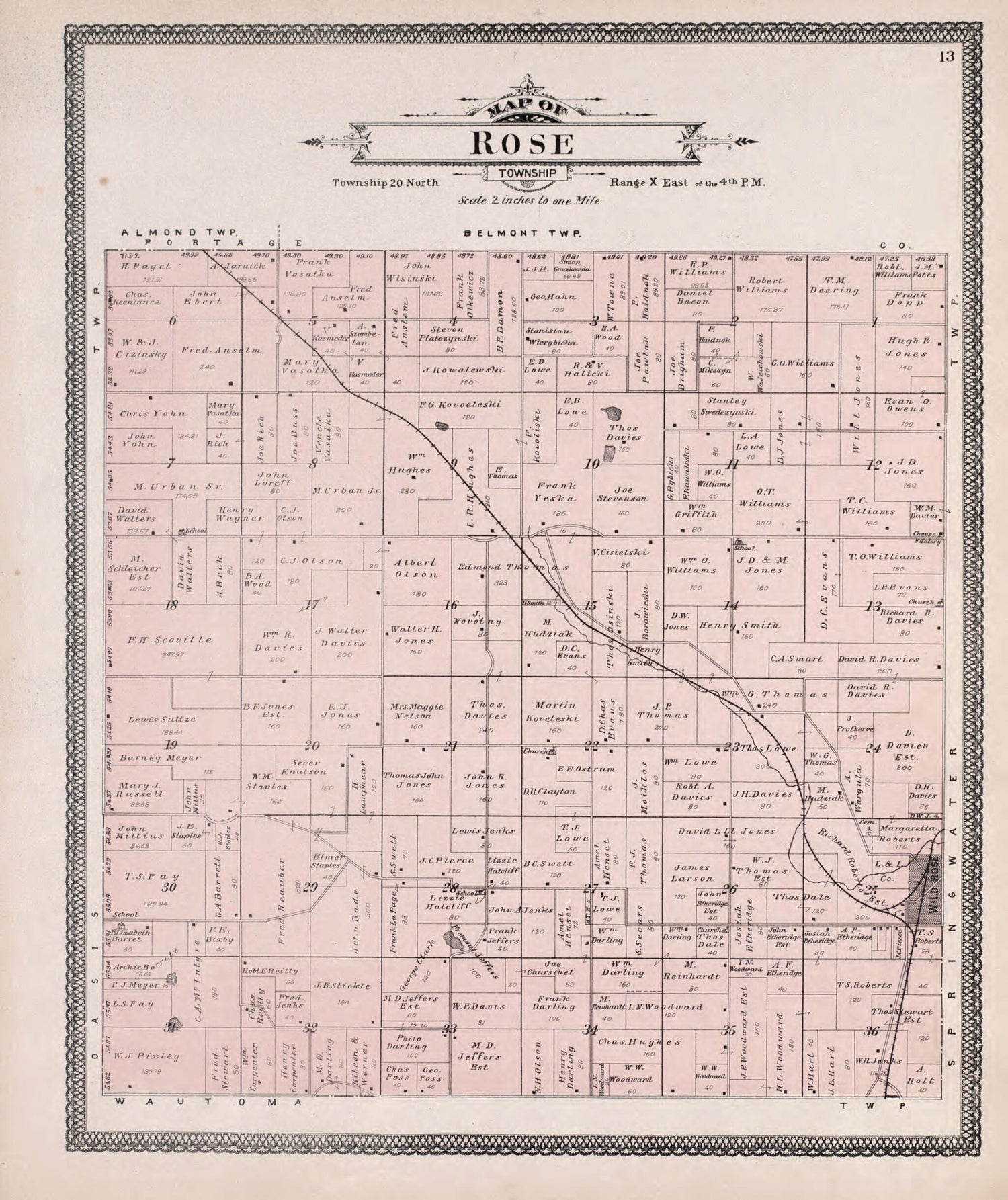This old map of Rose from Atlas of Waushara County, Wisconsin from 1906 was created by W. (William) Wangersheim in 1906