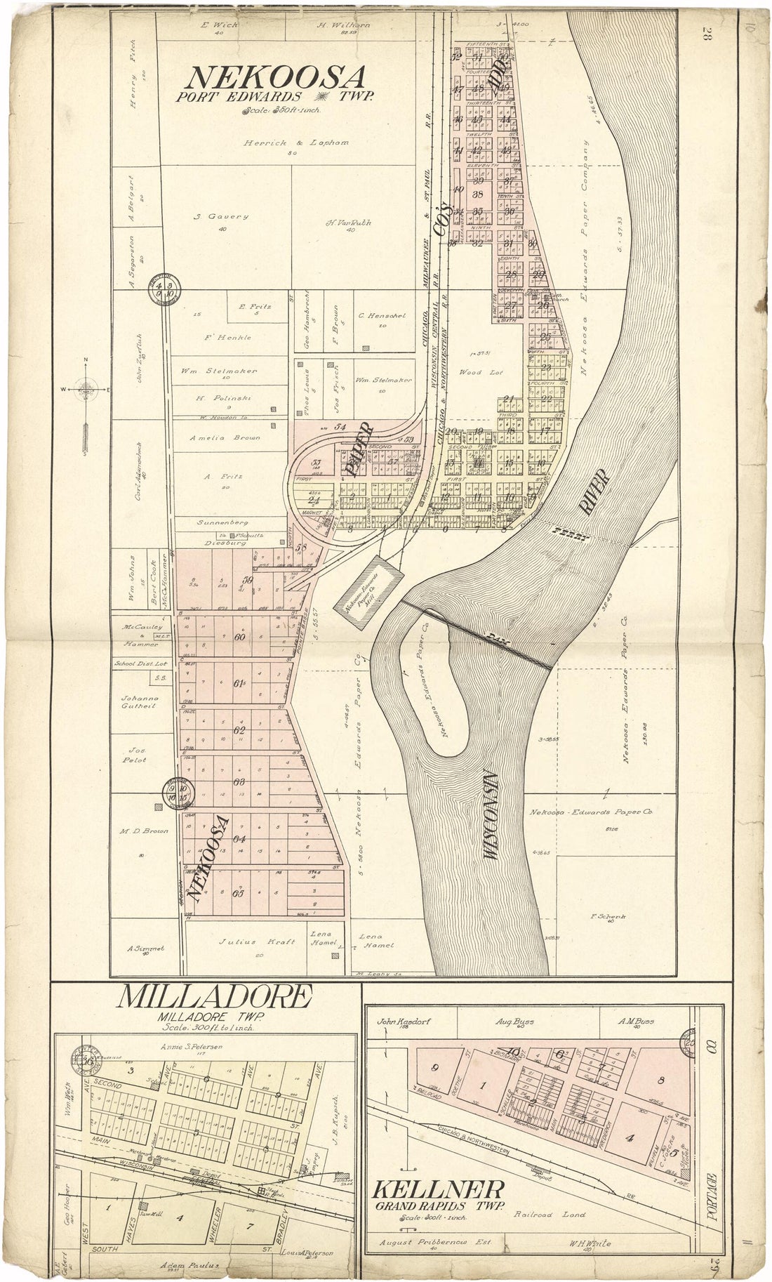 This old map of Nekoosa; Milladore; Kellner from Standard Atlas of Wood County, Wisconsin from 1909 was created by  Geo. A. Ogle &amp; Co in 1909