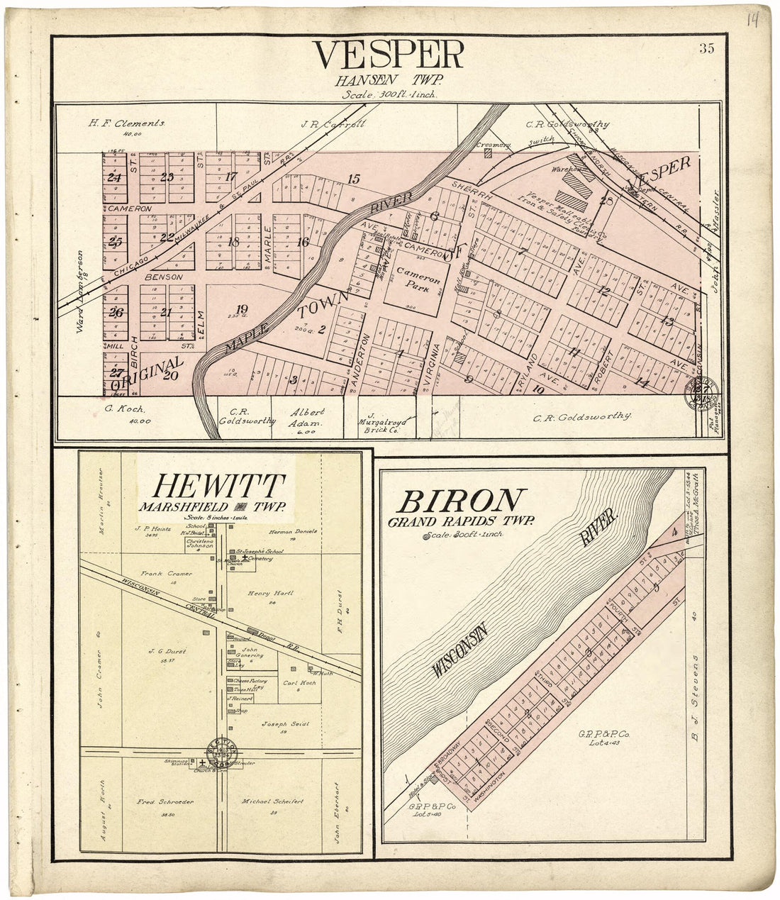 This old map of Vesper; Hewitt; Biron from Standard Atlas of Wood County, Wisconsin from 1909 was created by  Geo. A. Ogle &amp; Co in 1909