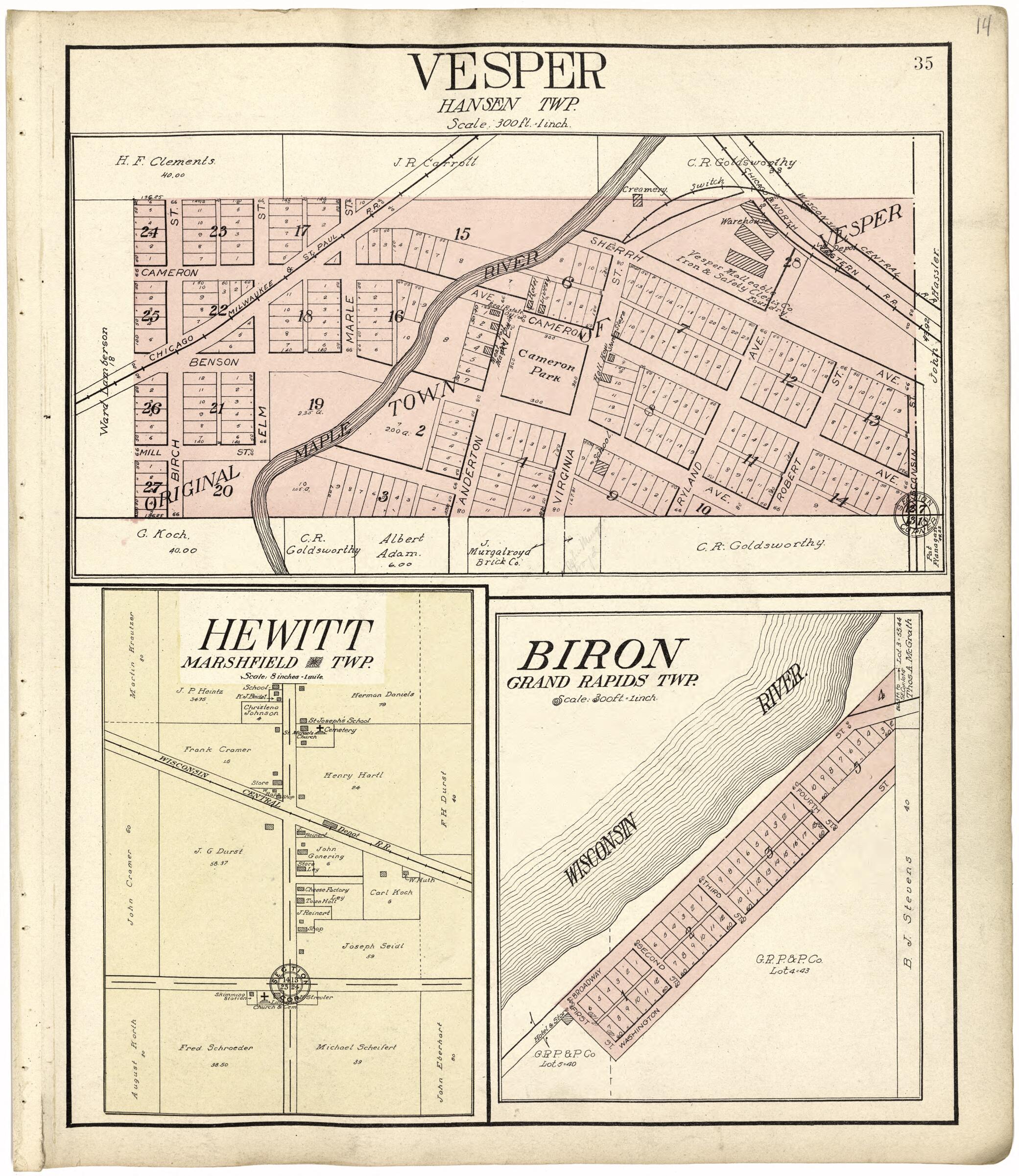 This old map of Vesper; Hewitt; Biron from Standard Atlas of Wood County, Wisconsin from 1909 was created by  Geo. A. Ogle &amp; Co in 1909