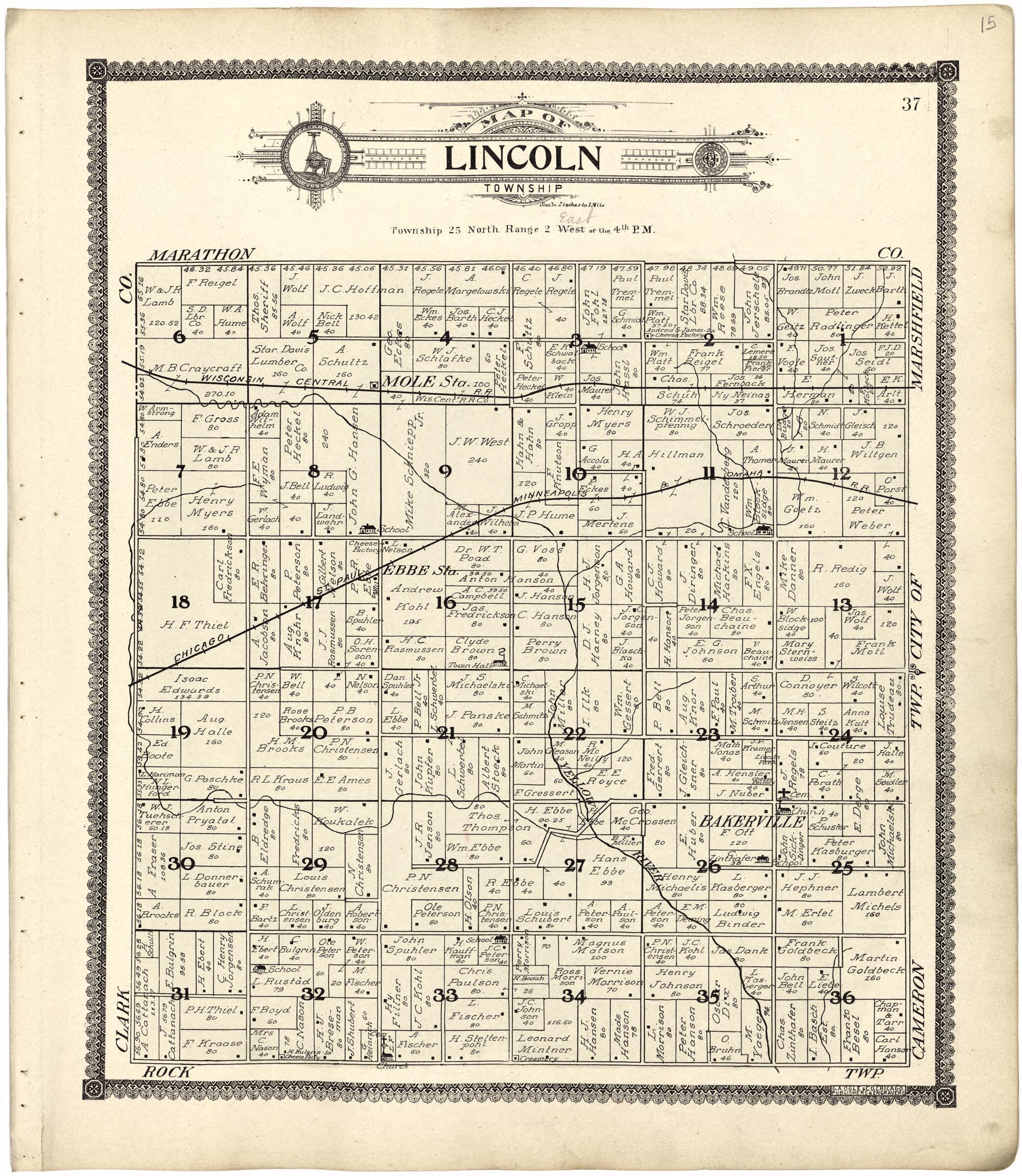 This old map of Map of Lincoln Township from Standard Atlas of Wood County, Wisconsin from 1909 was created by  Geo. A. Ogle &amp; Co in 1909