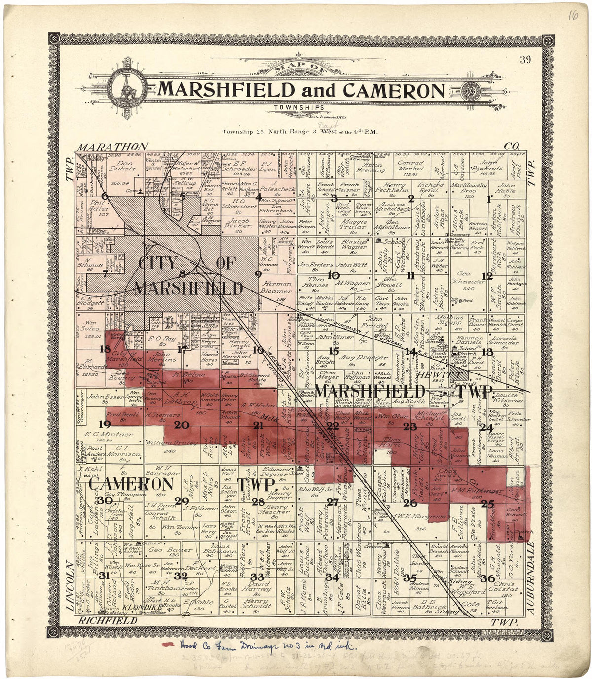 Map of Marshfield and Cameron Township from Standard Atlas of Wood County, Wisconsin 1909 by Relic Map Company