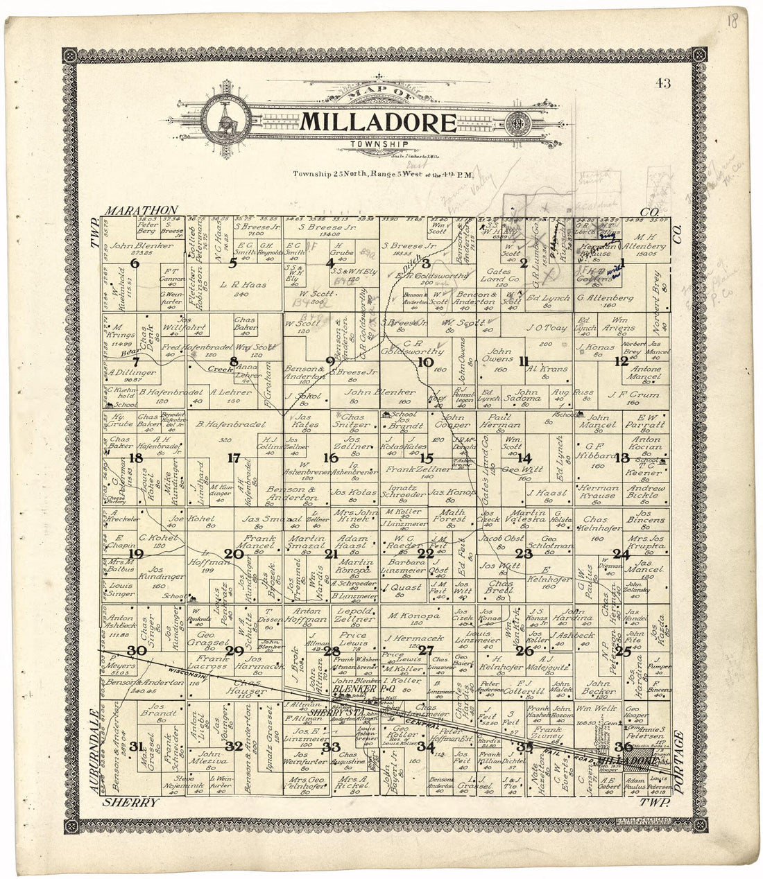 This old map of Map of Milladore Township from Standard Atlas of Wood County, Wisconsin from 1909 was created by  Geo. A. Ogle &amp; Co in 1909
