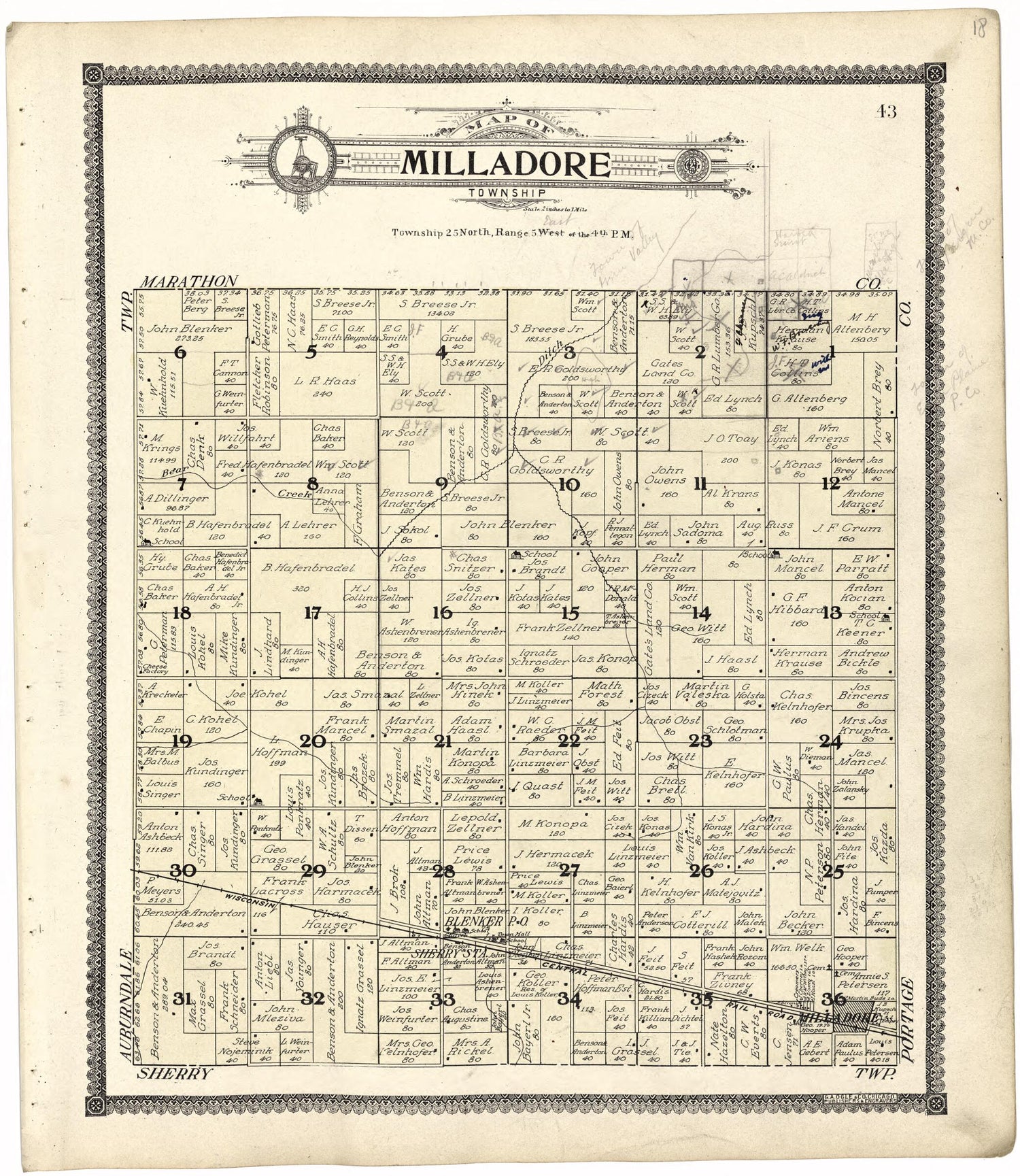 This old map of Map of Milladore Township from Standard Atlas of Wood County, Wisconsin from 1909 was created by  Geo. A. Ogle &amp; Co in 1909