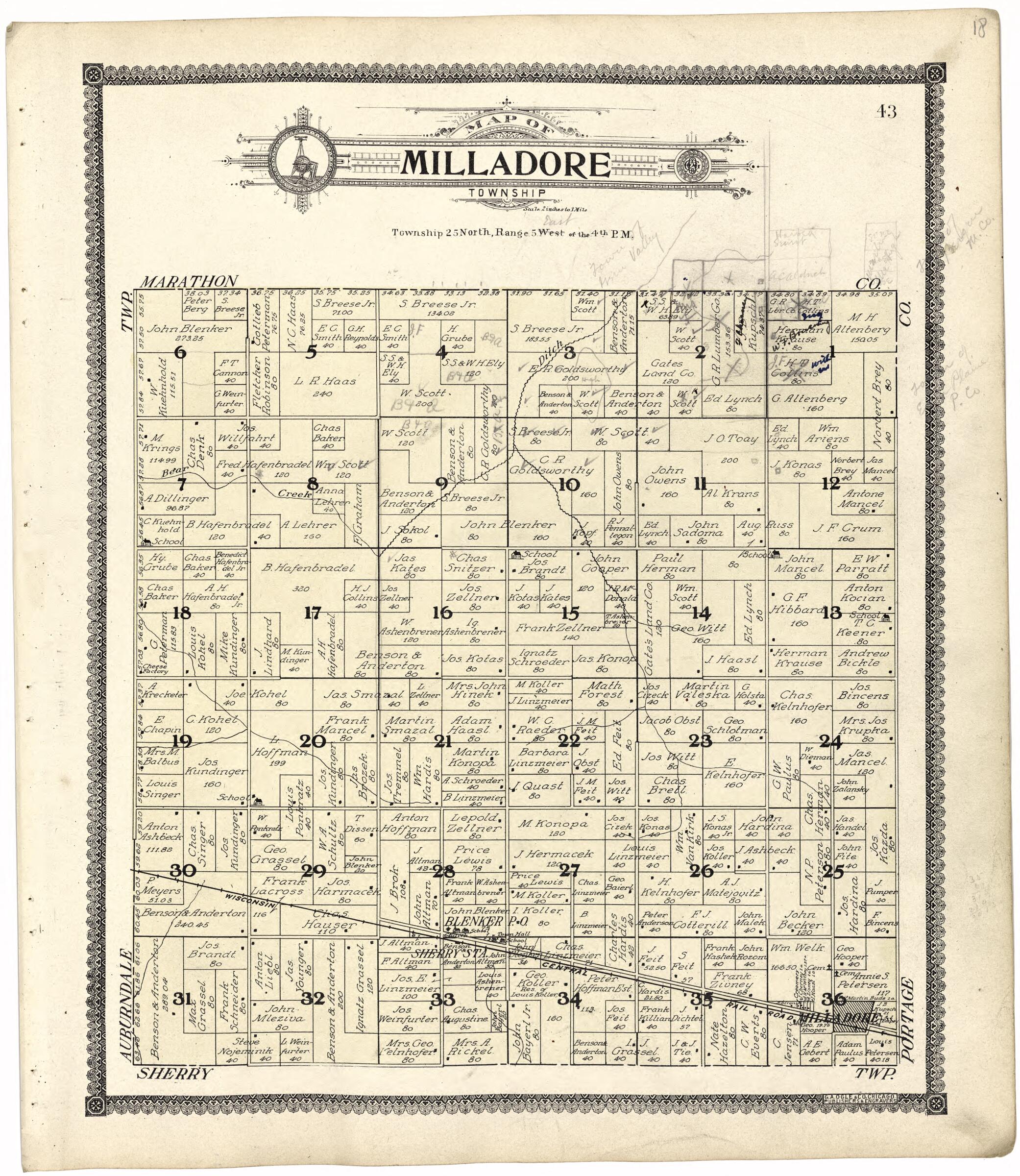 This old map of Map of Milladore Township from Standard Atlas of Wood County, Wisconsin from 1909 was created by  Geo. A. Ogle &amp; Co in 1909