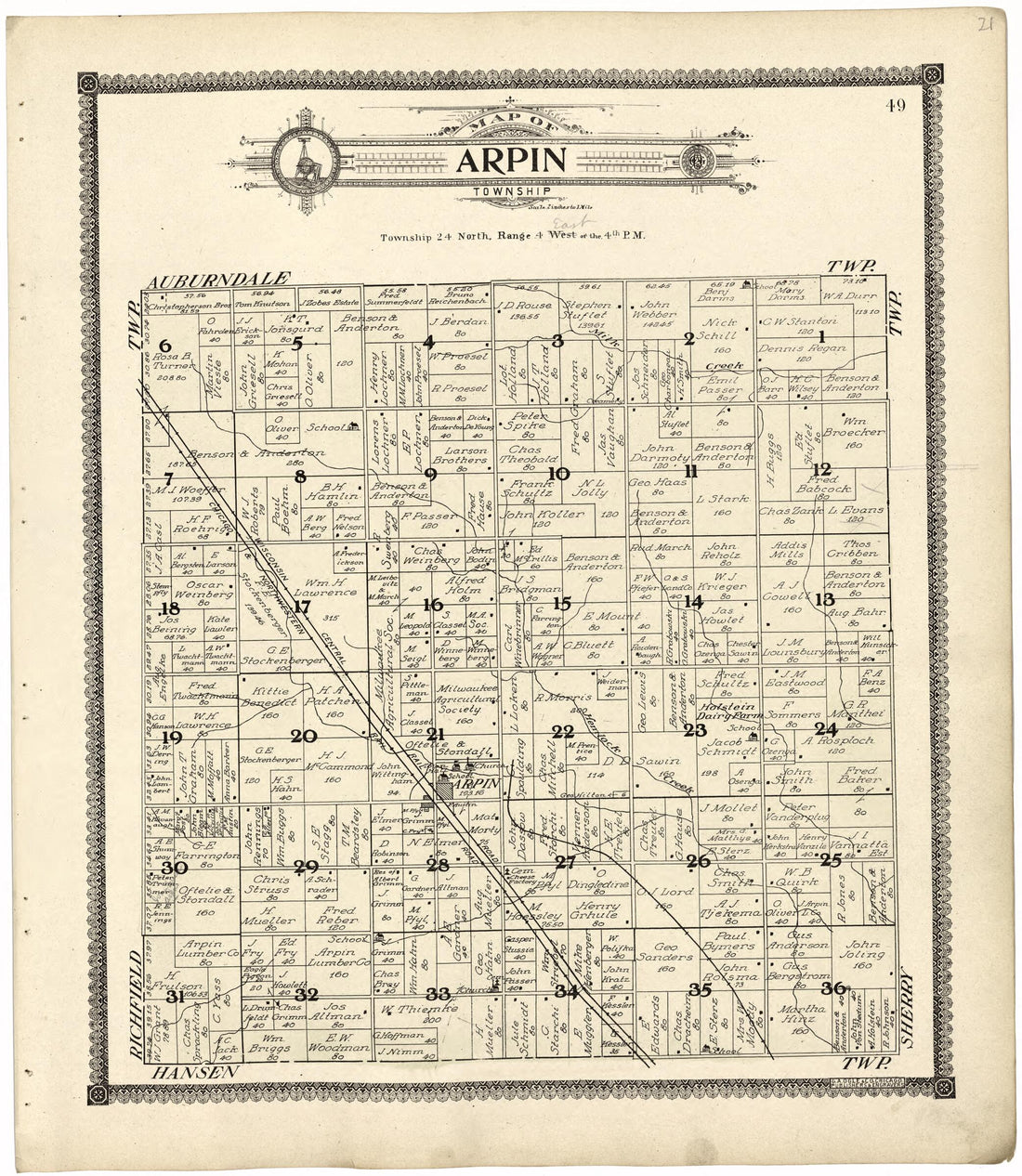 This old map of Map of Arpin Township from Standard Atlas of Wood County, Wisconsin from 1909 was created by  Geo. A. Ogle &amp; Co in 1909