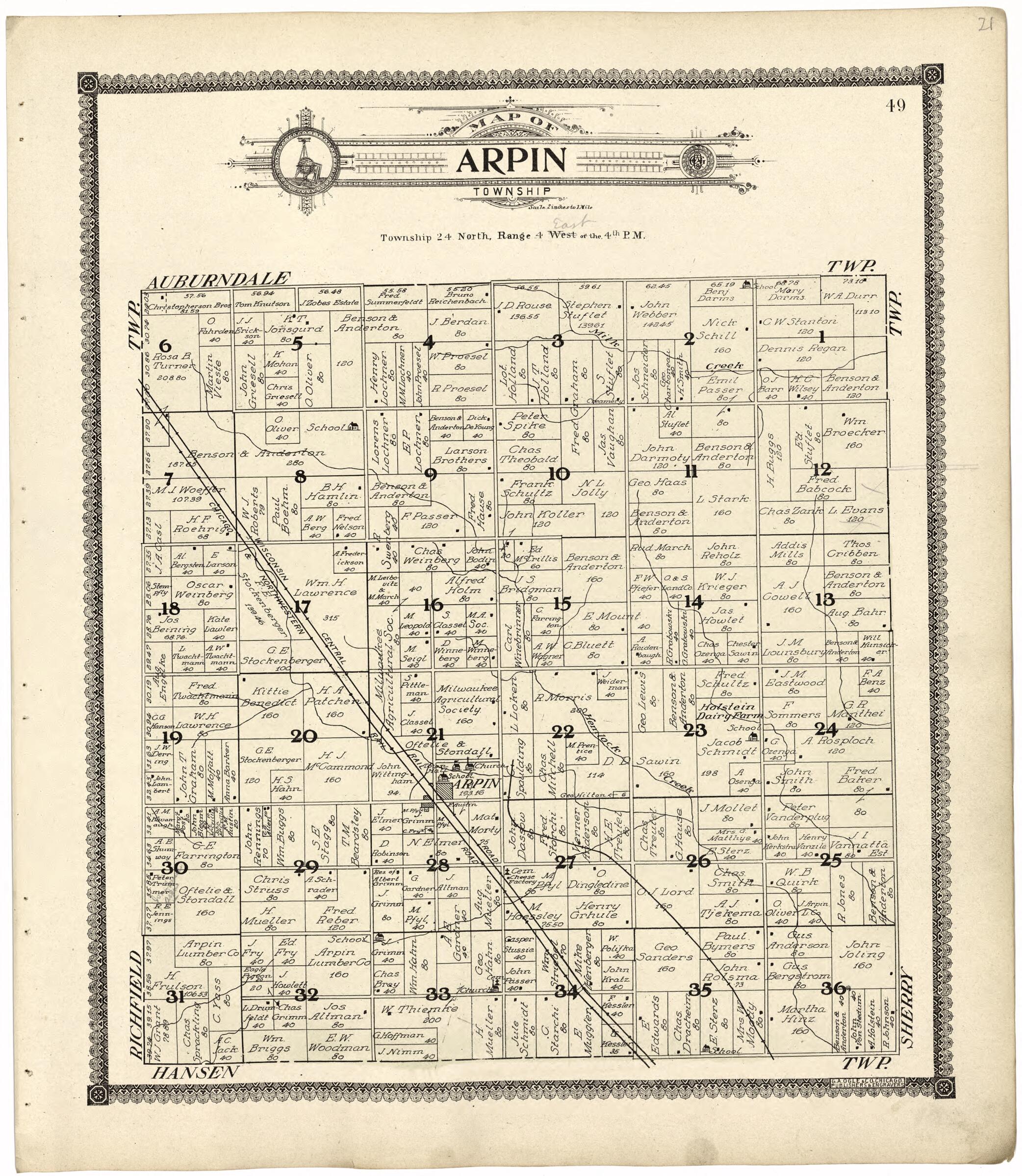 This old map of Map of Arpin Township from Standard Atlas of Wood County, Wisconsin from 1909 was created by  Geo. A. Ogle &amp; Co in 1909