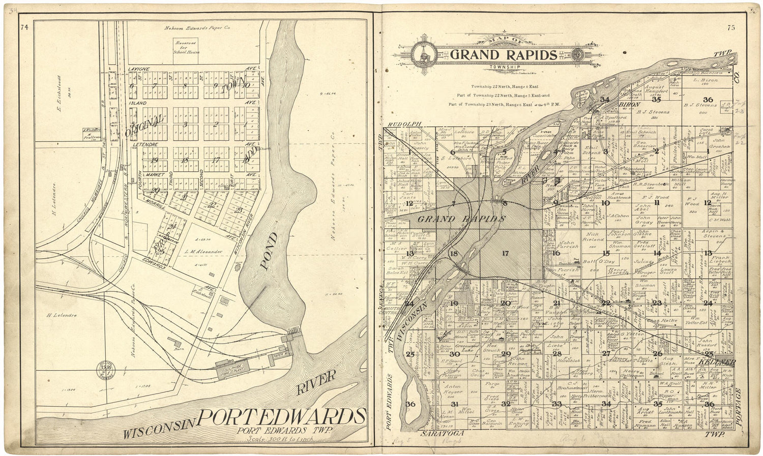 This old map of Map of Grand Rapids Township from Standard Atlas of Wood County, Wisconsin from 1909 was created by  Geo. A. Ogle &amp; Co in 1909