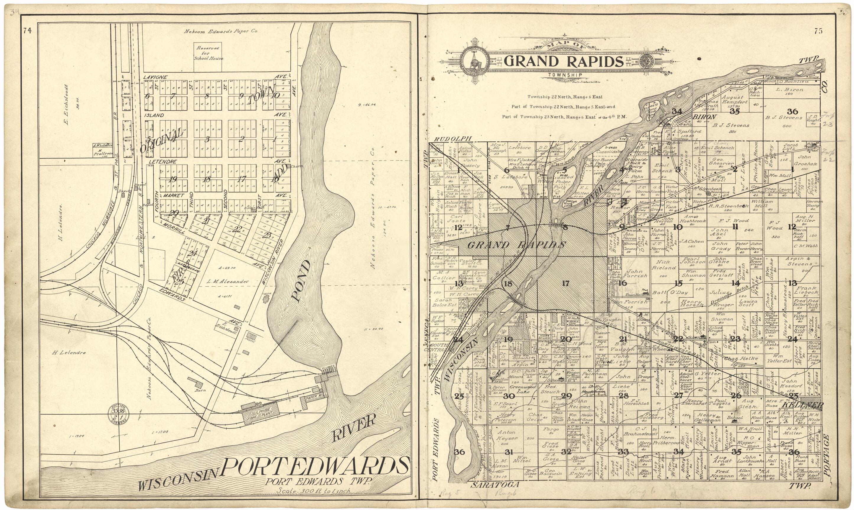 This old map of Map of Grand Rapids Township from Standard Atlas of Wood County, Wisconsin from 1909 was created by  Geo. A. Ogle &amp; Co in 1909