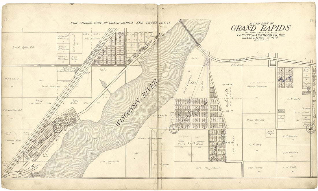 This old map of South Part of Grand Rapids from Standard Atlas of Wood County, Wisconsin from 1909 was created by  Geo. A. Ogle &amp; Co in 1909