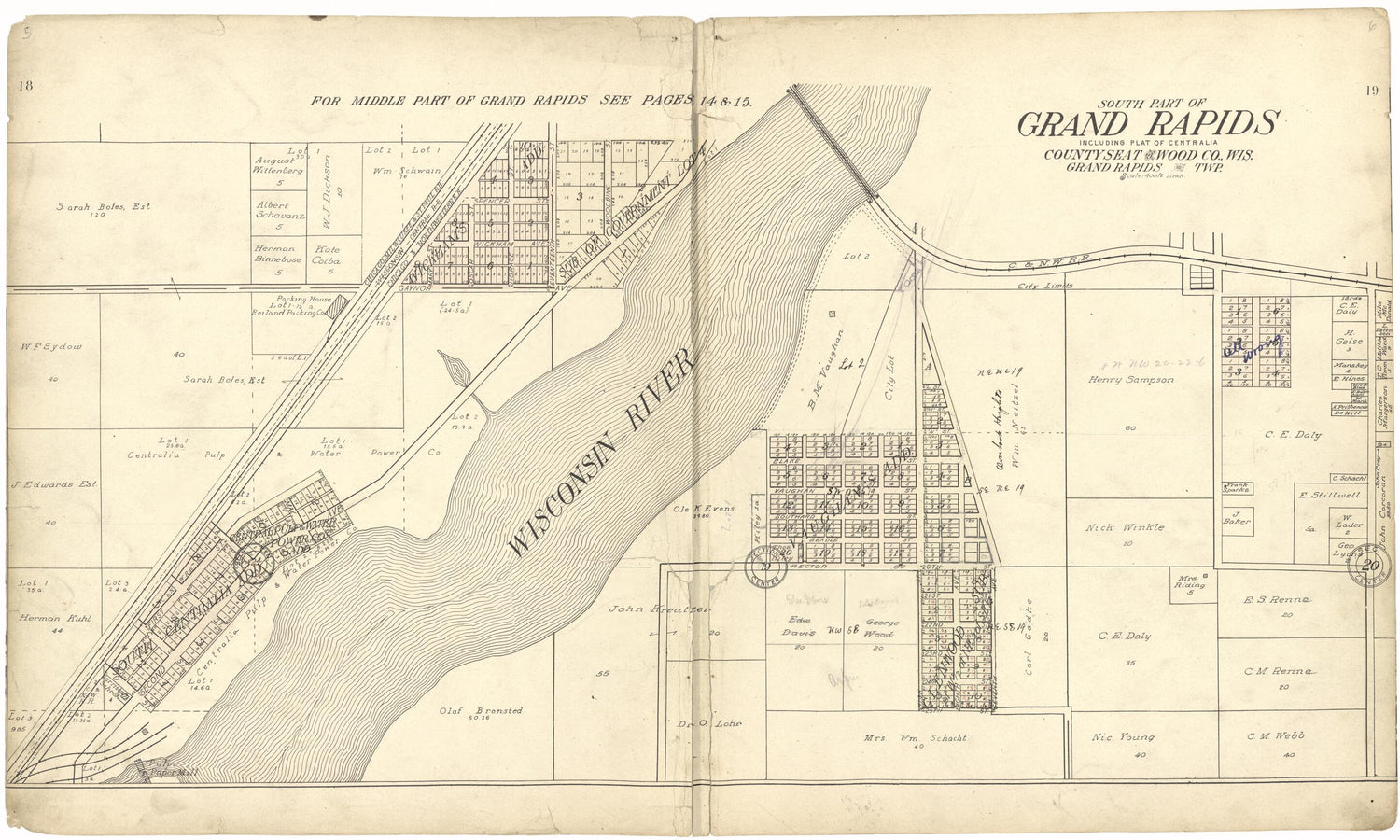 This old map of South Part of Grand Rapids from Standard Atlas of Wood County, Wisconsin from 1909 was created by  Geo. A. Ogle &amp; Co in 1909
