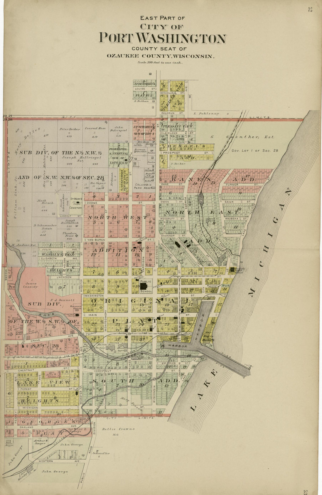 This old map of East Part: City of Port Washington from Plat Book of Washington and Ozaukee Counties, Wisconsin from 1915 was created by Albert Volk in 1915