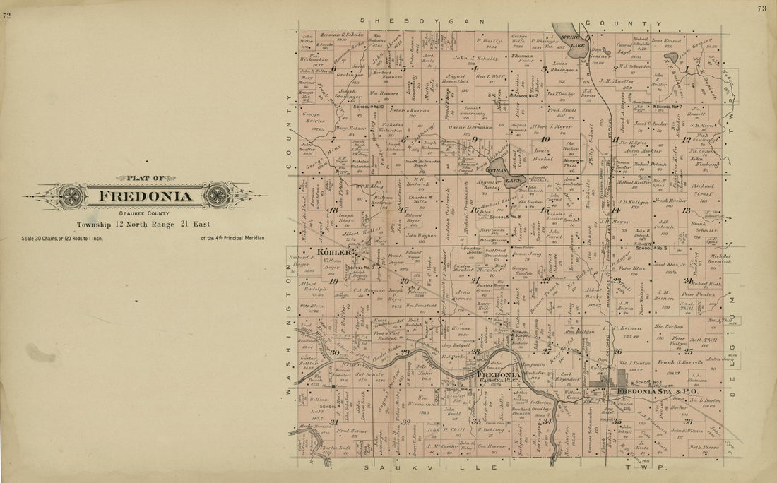 This old map of Plat of Fredonia, Ozaukee County from Plat Book of Washington and Ozaukee Counties, Wisconsin from 1915 was created by Albert Volk in 1915