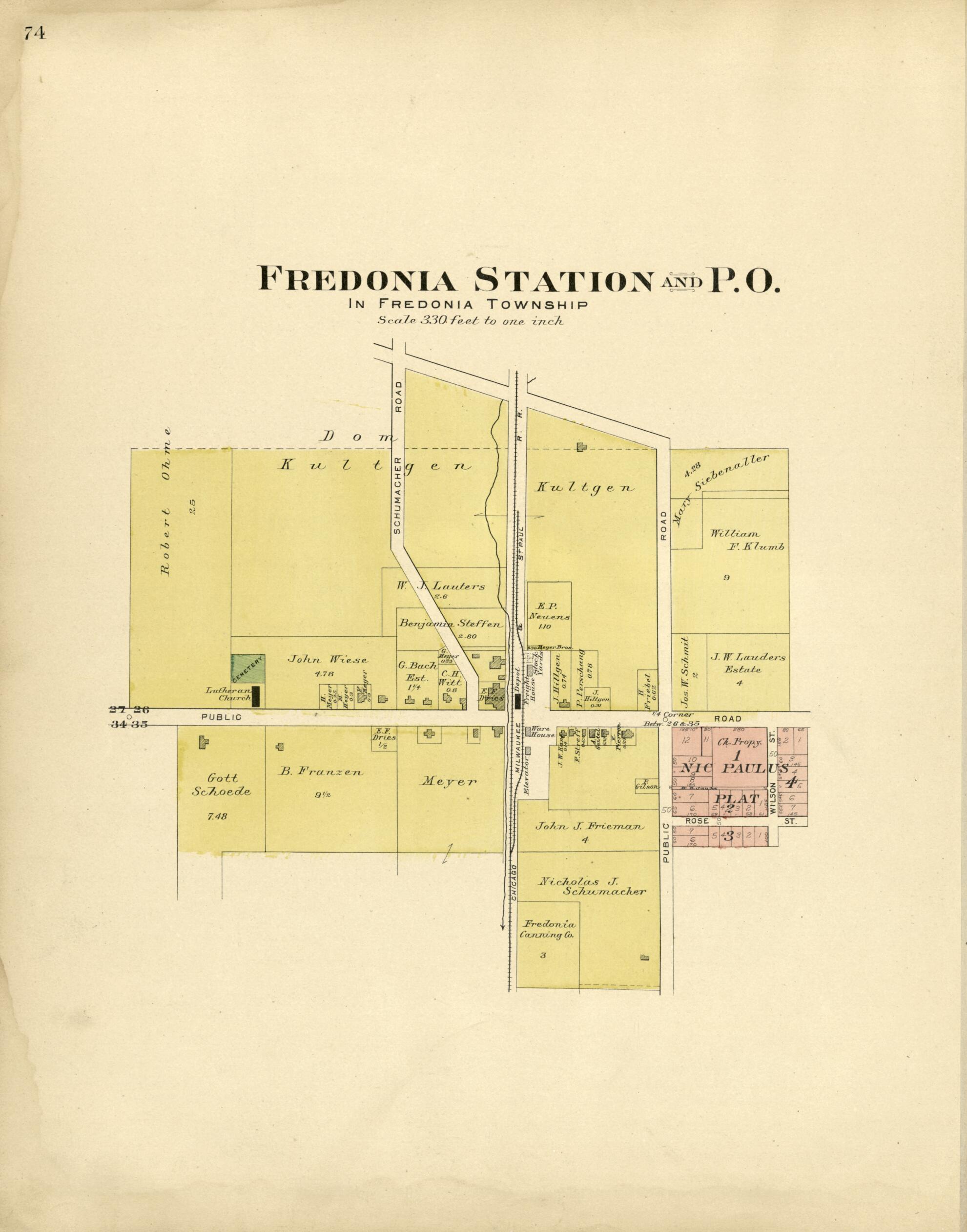 This old map of Fredonia Station and P.O from Plat Book of Washington and Ozaukee Counties, Wisconsin from 1915 was created by Albert Volk in 1915