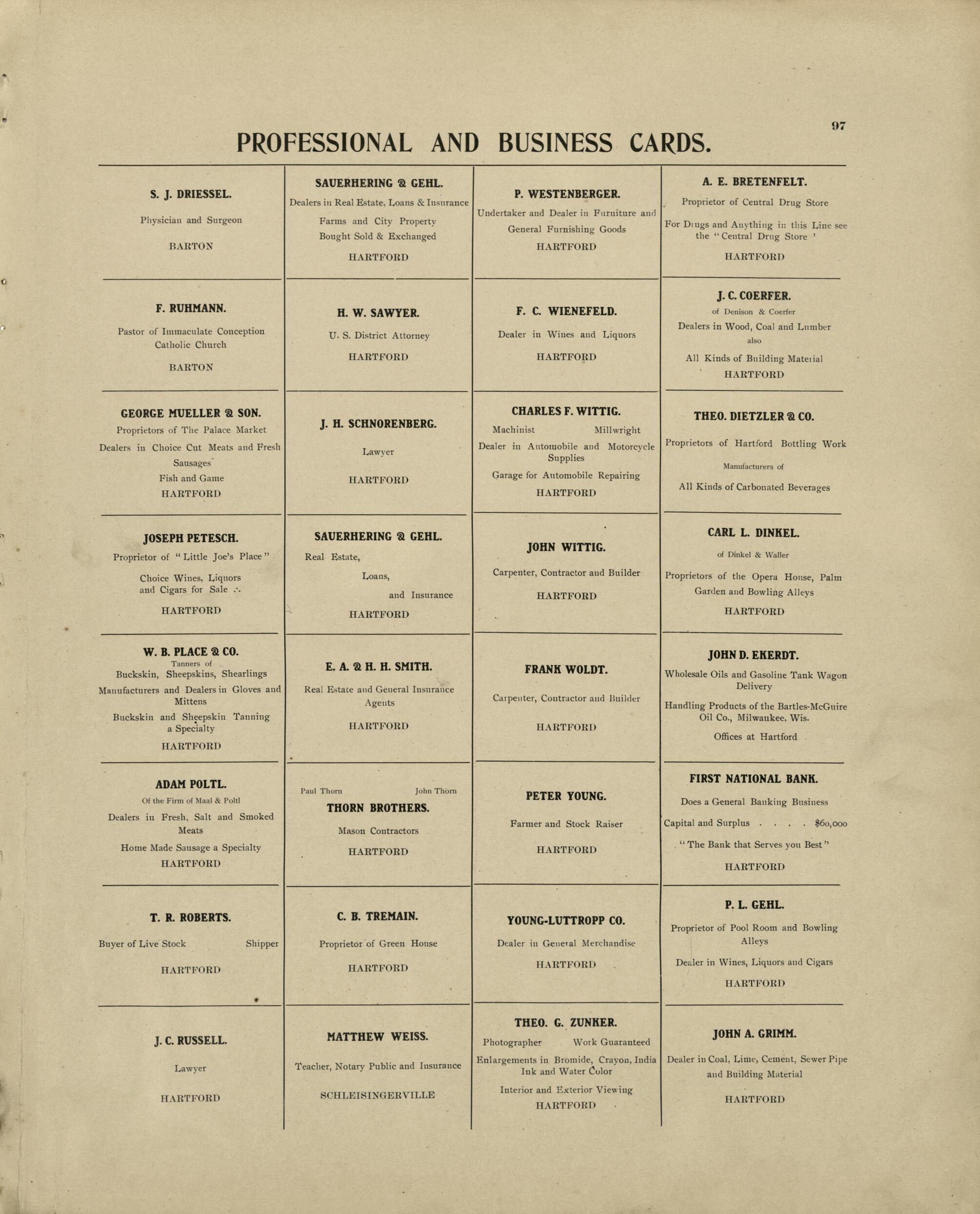 This old map of Professional and Buisness Cards from Plat Book of Washington and Ozaukee Counties, Wisconsin from 1915 was created by Albert Volk in 1915