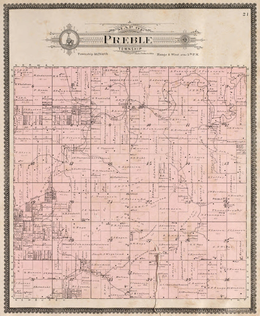 This old map of Preble Township from Standard Atlas of Fillmore County, Minnesota from 1896 was created by  Geo. A. Ogle &amp; Co in 1896