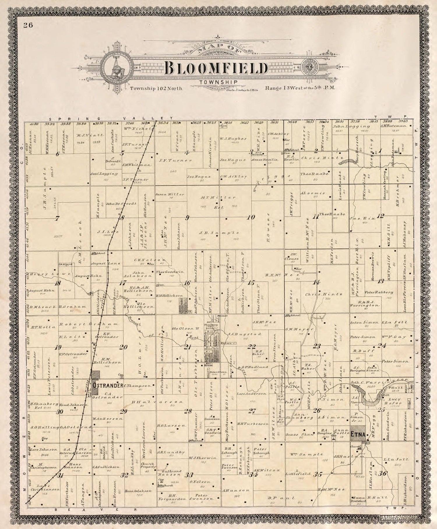 This old map of Bloomfield Township from Standard Atlas of Fillmore County, Minnesota from 1896 was created by  Geo. A. Ogle &amp; Co in 1896
