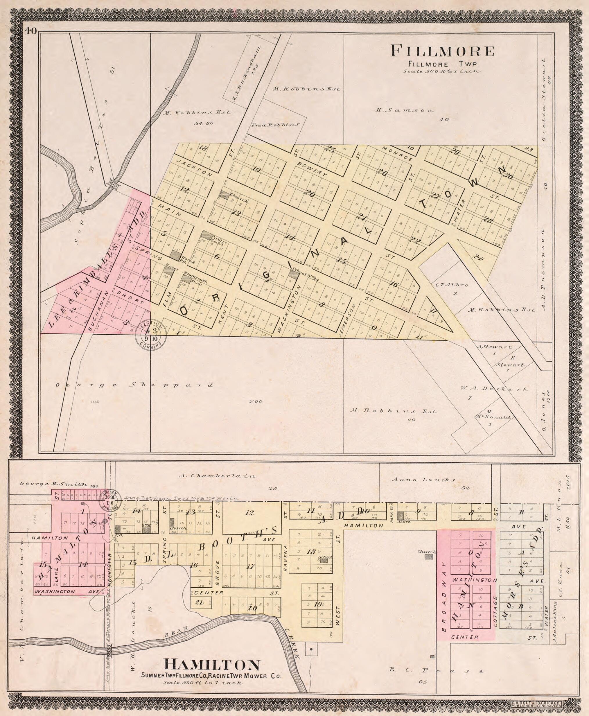 This old map of Fillmore &amp; Hamilton from Standard Atlas of Fillmore County, Minnesota from 1896 was created by  Geo. A. Ogle &amp; Co in 1896