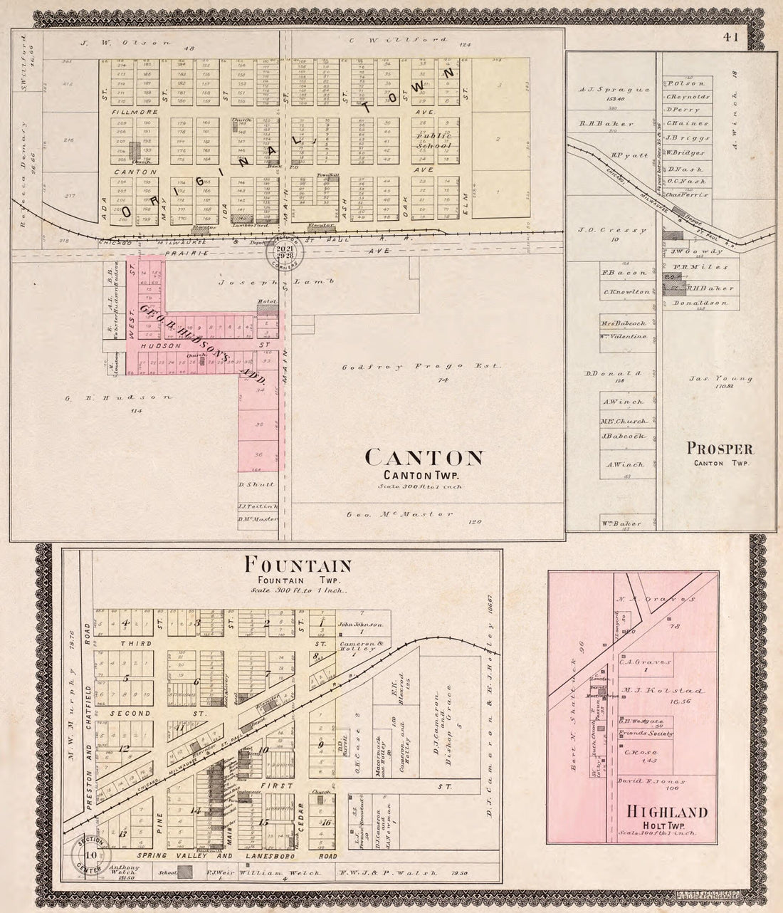 This old map of Canton, Fountain, &amp; Prosper from Standard Atlas of Fillmore County, Minnesota from 1896 was created by  Geo. A. Ogle &amp; Co in 1896