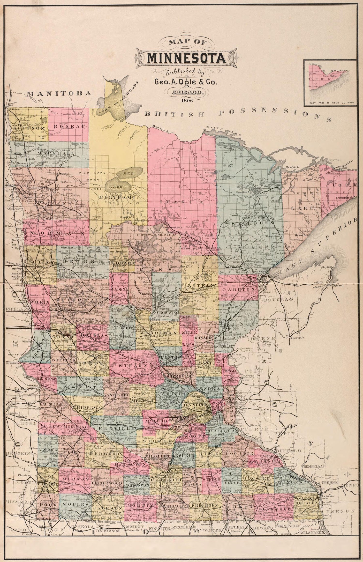 This old map of Map of Minnesota from Standard Atlas of Fillmore County, Minnesota from 1896 was created by  Geo. A. Ogle &amp; Co in 1896