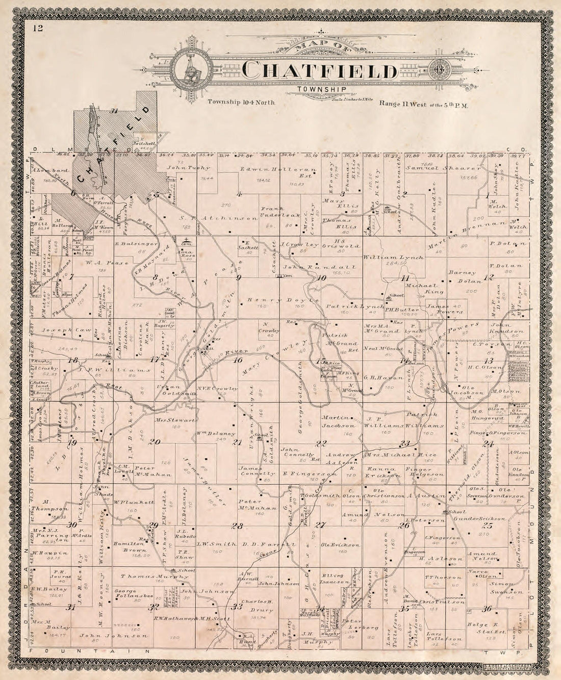 This old map of Chatfield Township from Standard Atlas of Fillmore County, Minnesota from 1896 was created by  Geo. A. Ogle &amp; Co in 1896